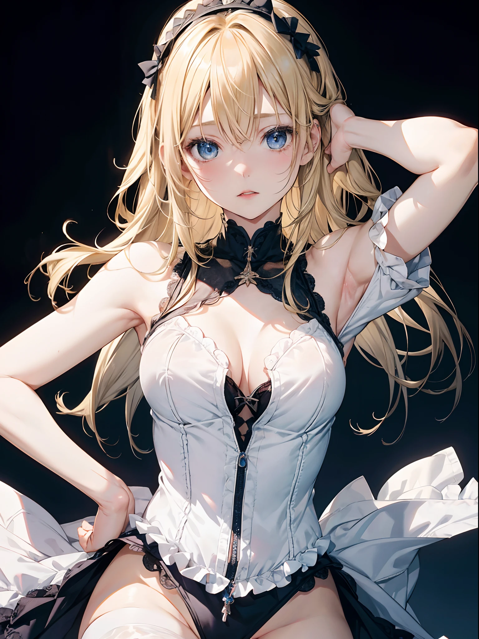 1 cute loli girl,blonde hair,blue eyes,upper body,pale skin,intricate details, hyper realistic, perfect anatomy,absurdres, (masterpiece, best quality, highres, 8K )