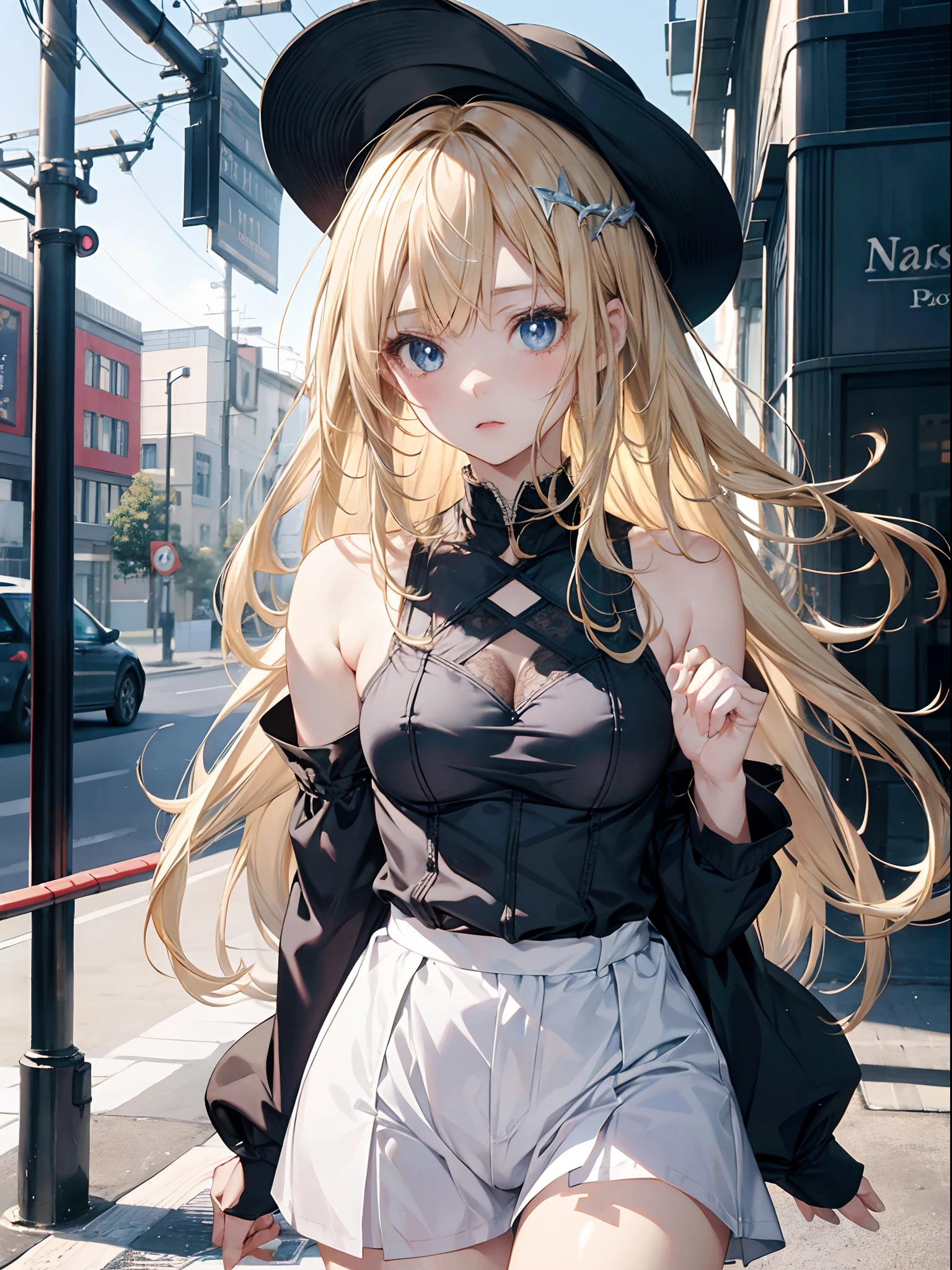 1 cute girl,blonde hair,blue eyes,upper body,pale skin,intricate details, hyper realistic, perfect anatomy,absurdres, (masterpiece, best quality, highres, 8K )