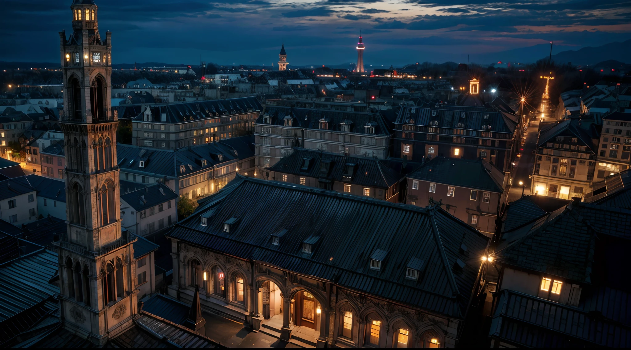 landscape, wide_angle, (background(night, tower, rooftop, nightlight), (photorealistic, absurdres, best_quality:1.55),