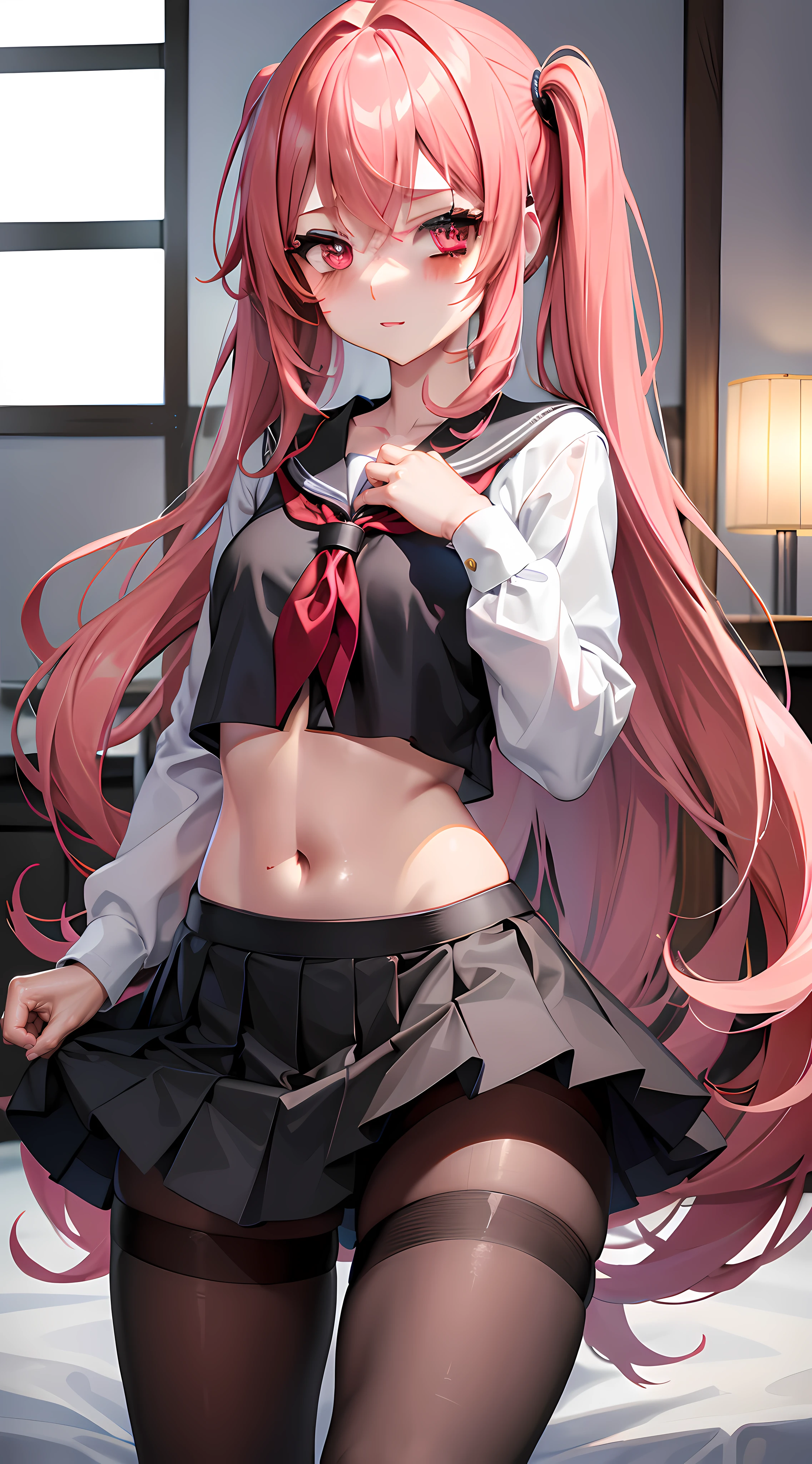 1  da Anime Linda De cabelo Rosa Longo, It's red eyes., com pernas abertas, is With School Skirt, mostrando Roupas Intimas, it's Japanese high school clothing, com estrela nos olhos, imagem Estilo Novel de anime, Roupas Intimas Brancas, com calsinha branca, colegial senda em uma mesa de pernas abertas, mostrando Roupas Intimas, his face is flushed, com vergonha, wearing pantyh((imagem Estilo Novel de anime)), ((corpo inteiro)), ((With Underwear there is Sample))