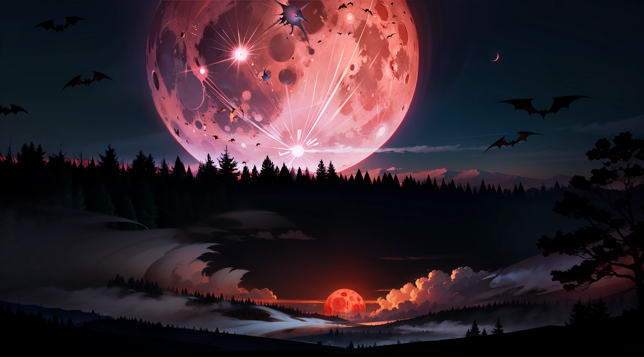 Huge red moon,A swarm of large bats flew from the front of the moon,Pitch Black Forest,A scarlet mist pervaded