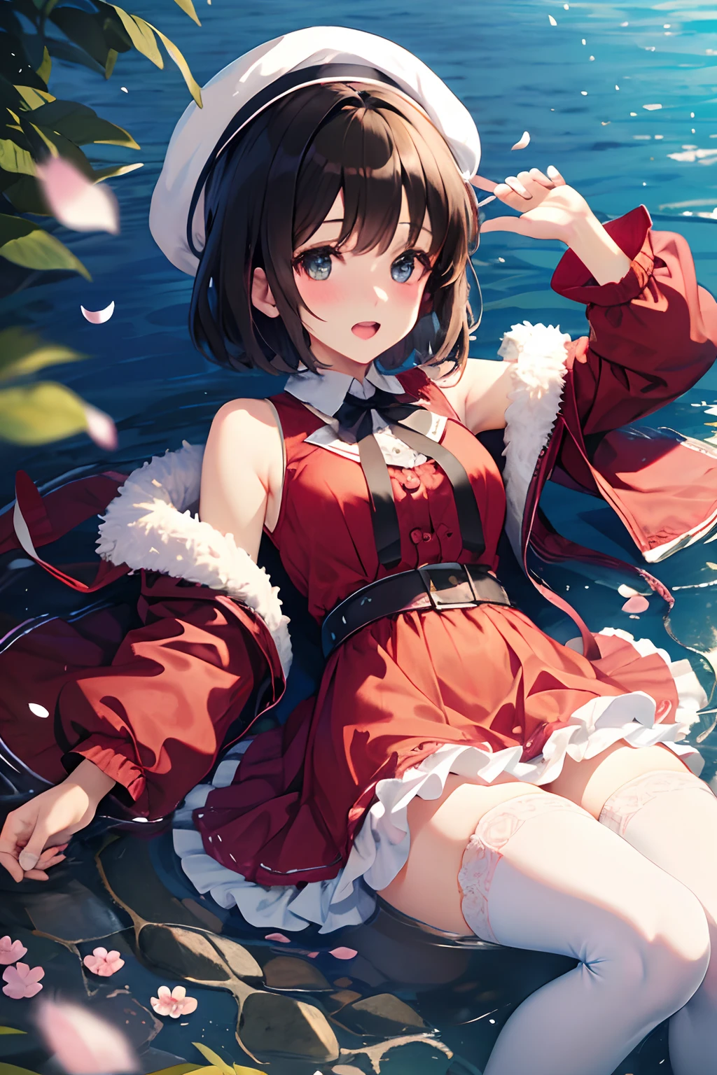 (masterpiece:1.6, best quality), (finely detailed beautiful eyes: 1.2), ph_katou, katouhdlong, solo, brown hair, hat, thighhighs, short hair, brown eyes, hat removed, dress, headwear removed, white thighhighs, white dress, holding hat, frilled thighhighs, bangs, open mouth, frills, red jacket, jacket, zettai ryouiki, petals, ribbon, holding, white headwear, blush
, lying on water, ocean, bay, (full body),