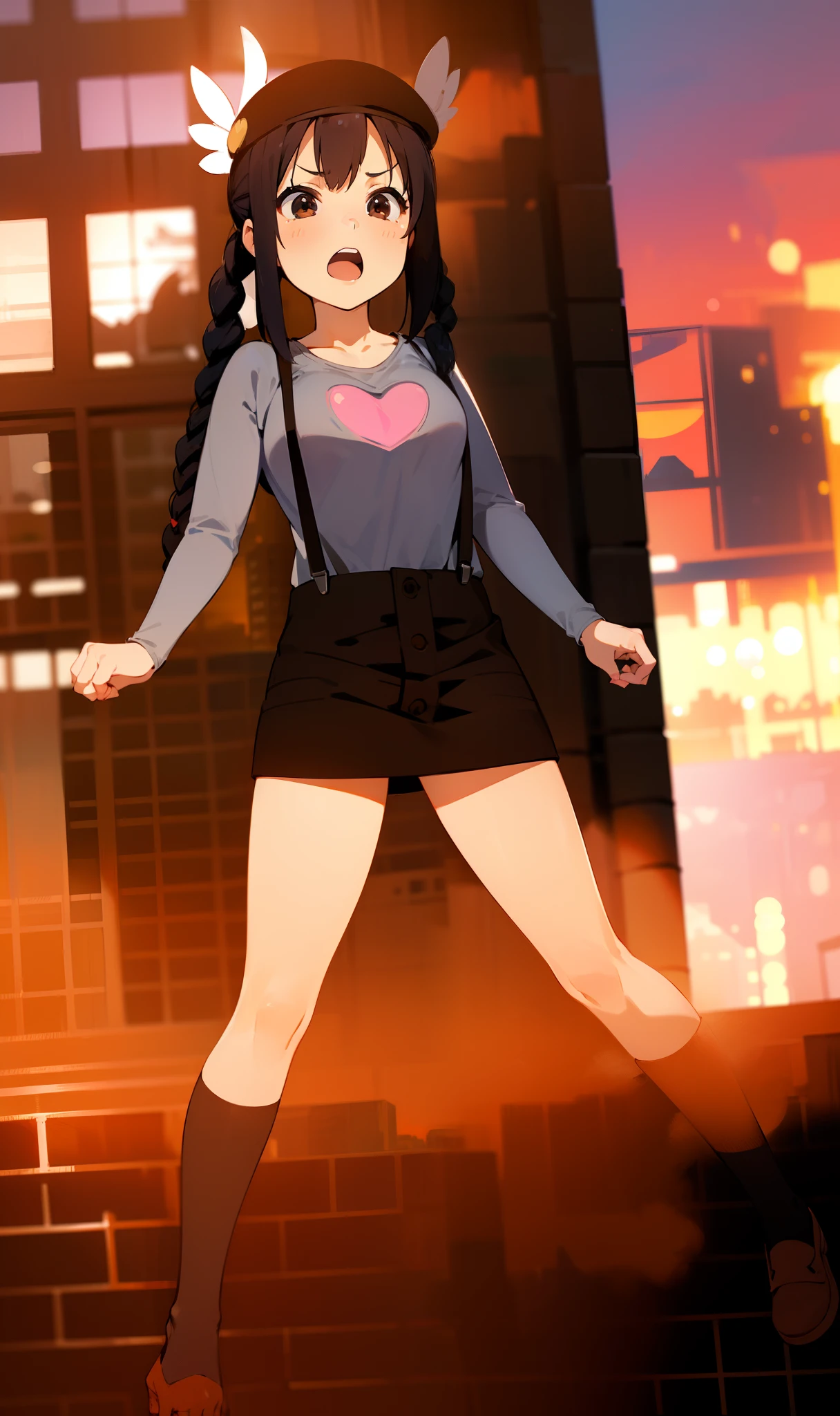 1girl, (((​masterpiece))), top-quality, top-quality, High Details, nakano azusa, 1girl, Twin-tailed, length hair, A dark-haired, brown-eyed, Gray T-shirt.suspenders.a black skirt.illustratio, comic strip, soothing tones, Subdued Color, Soft cinematic light, adobe lightroom, photolab, HDR, intricately and hyper-detailed、(((depth of fields))))。(((​masterpiece)))。(((top-quality))).)((ultra-detailliert)))。(((illustratio)))。(((takeout))).dynamic focus.big breasts.(((Skyscrapers))).(((A city scape))).(((Face of sadness))). open mouth.(((fighting stance))).(((up chest))).((evening glow)).((the setting sun)).(((Heart on chest))).Feathered hat