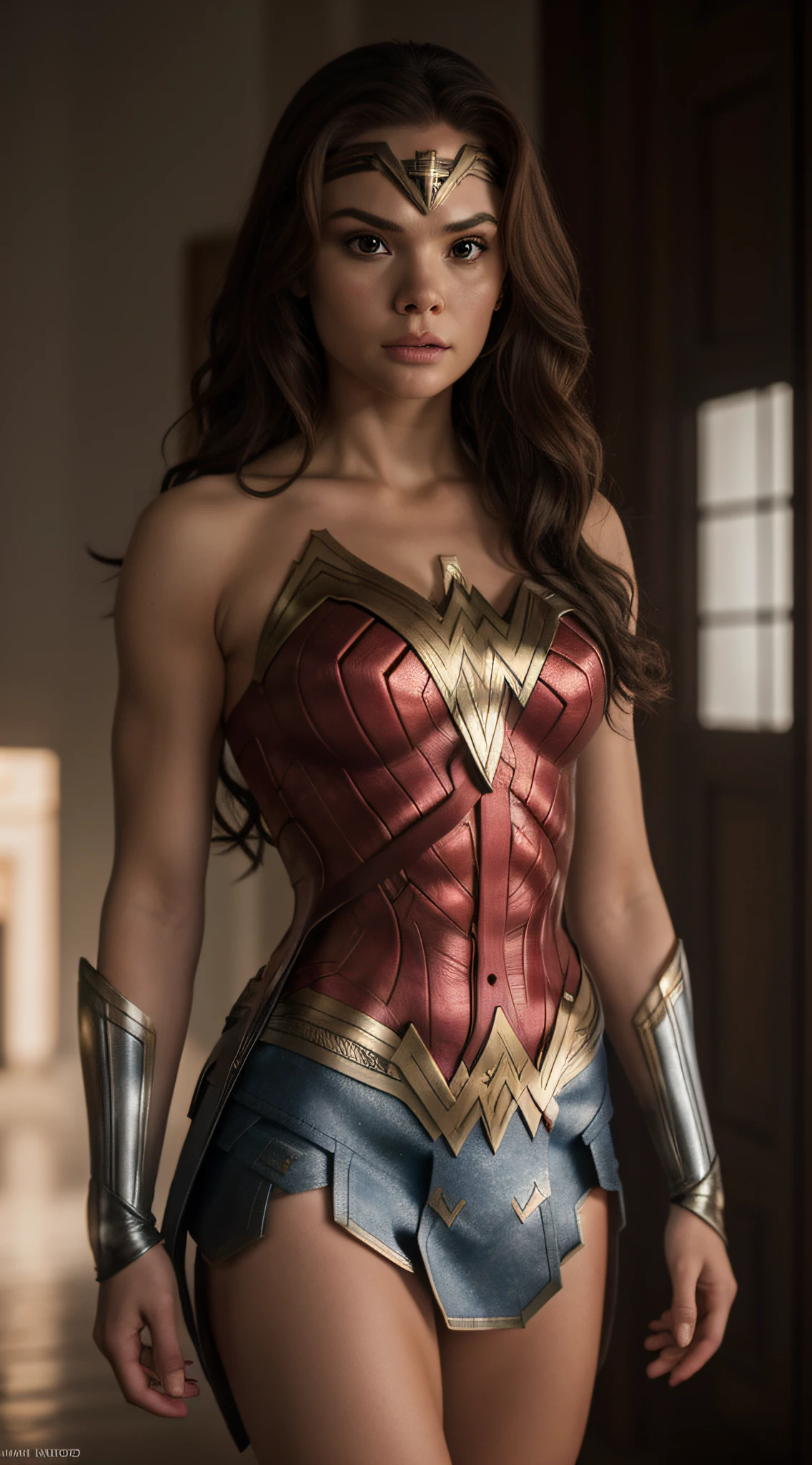 close-up, Mulher (wonderwoman suit, cabelos vermelhos, Holland Roden), fotorrealista, ultra-detalhado, detalhes intrincados, super detalhado, volumático, HDR, Realistic, Motor irreal, 16k, foco nítido, octan render, da mais alta qualidade, Foto RAW, cinematic composition,