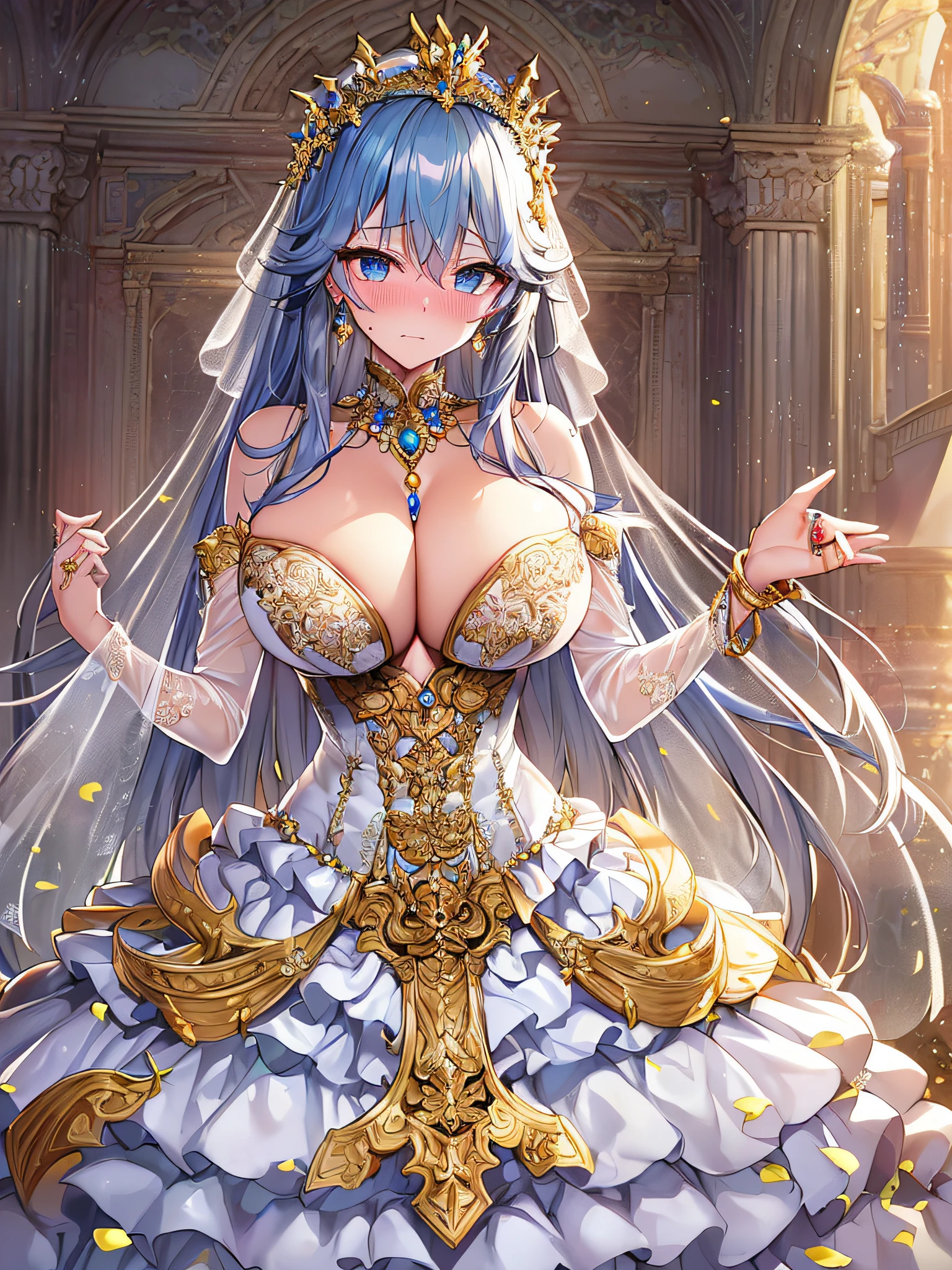 ((anime artstyle)),(Masterpiece),(Best Quality), (Super Detail),((Very Delicate and Beautiful)),(((Solo))),((full body)),standing,(((1 bling-bling princess in beautiful embroidery and jeweled gorgeous See-through wedding ball gown dress with voluminous full length hoop skirt))),bling-bling,Long train,(bling-bling gorgeous gemstone jewelry),detailed face and eyes,jewel-like eyes,cry,((embarrassed)),anguish,((large amount of straight hair,extremely voluminous Very Long Hair,Very Long Straight Hair)),(((gigantic tits,Long tits))),cleavage,(gorgeousfull embroidery and lace),gorgeous corsage,See-through,extremely gorgeousfull hair ornament,((bling-bling extremely gorgeousfull jeweled tiara)),(long bridal veil),ornate ruffles,(hoop skirt,crinoline),white lily flowers, flower petals flowing,((Dynamic Angle)),Looking at viewer,((full body)),((beautiful embroidery and jeweled extremely gorgeous See-through wedding ball gown dress with voluminous full length hoop skirt))