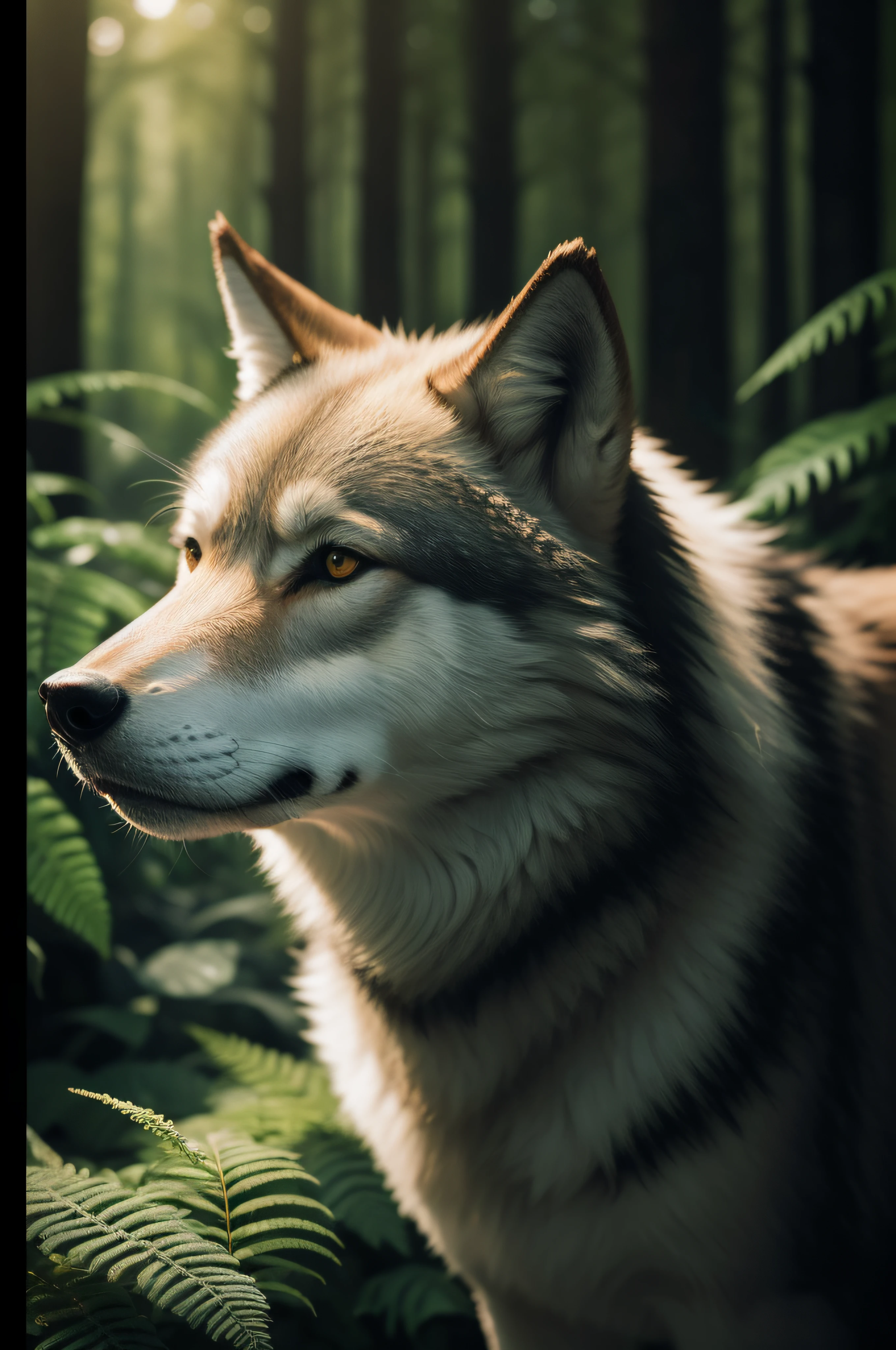 wolf portrait, ferns, butterflies, oilpainting, cinematic lighting