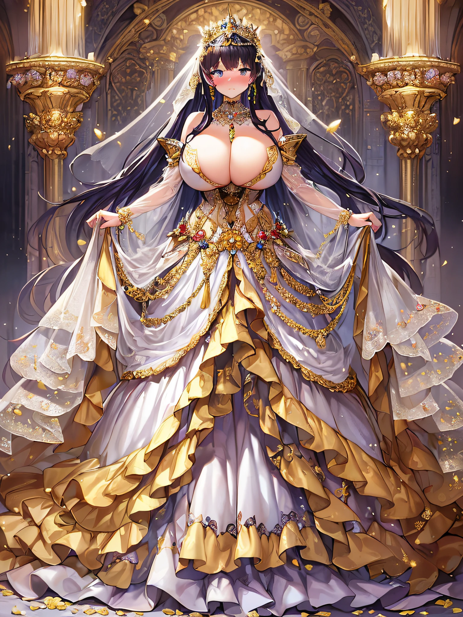 ((anime artstyle)),(Masterpiece),(Best Quality), (Super Detail),((Very Delicate and Beautiful)),(((Solo))),((full body)),standing,(((1 bling-bling princess in beautiful embroidery and jeweled gorgeous See-through wedding ball gown dress with voluminous full length hoop skirt))),bling-bling,Long train,(bling-bling gorgeous gemstone jewelry),detailed face and eyes,jewel-like eyes,cry,((embarrassed)),anguish,((large amount of straight hair,extremely voluminous Very Long Hair,Very Long Straight Hair)),(((gigantic tits,Long tits))),cleavage,(gorgeousfull embroidery and lace),gorgeous corsage,See-through,extremely gorgeousfull hair ornament,((bling-bling extremely gorgeousfull jeweled tiara)),(long bridal veil),ornate ruffles,(hoop skirt,crinoline),white lily flowers, flower petals flowing,((Dynamic Angle)),Looking at viewer,((full body)),((beautiful embroidery and jeweled extremely gorgeous See-through wedding ball gown dress with voluminous full length hoop skirt))