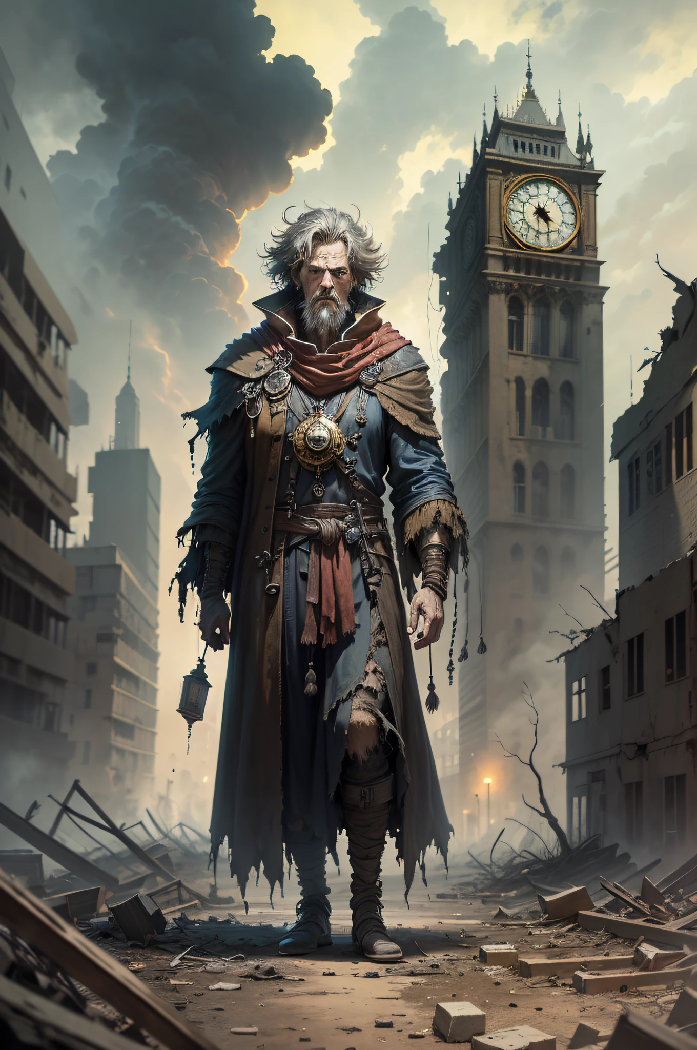 A guardian of lonely time holding an ancient clock in his hands, in a desolate apocalyptic scenario. He wears a torn robe, with shaggy hair and a tired look. In the background, crumbling buildings, rubble, toxic smoke, reddish skies and dead trees.