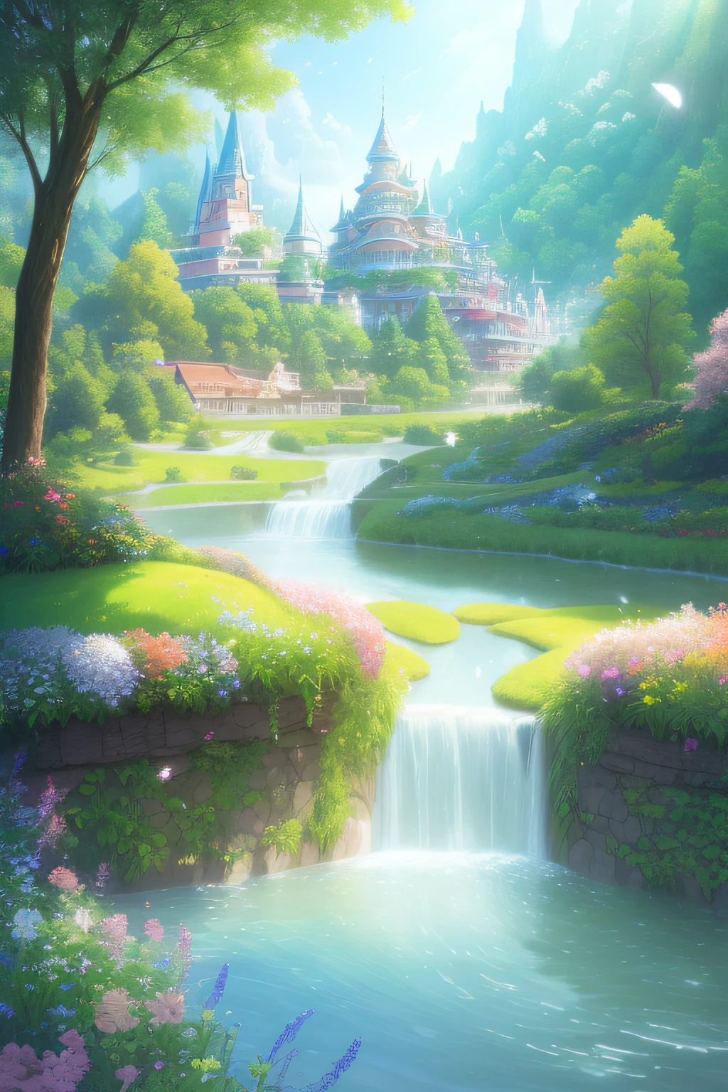 (extremely detailed CG unity 8k wallpaper),(((masterpiece))), (((best quality))), ((ultra-detailed)), (best illustration),(best shadow), ((an extremely delicate and beautiful)),dynamic angle,floating, fairyland,dynamic angle,sea of flowers,beautiful detailed garden,wind,classic,spring, (detailed light),feather, nature, (sunlight), river, forest,(((floating palace))),((the best building)),beautiful and delicate water,(painting),(sketch),(bloom),(shine)