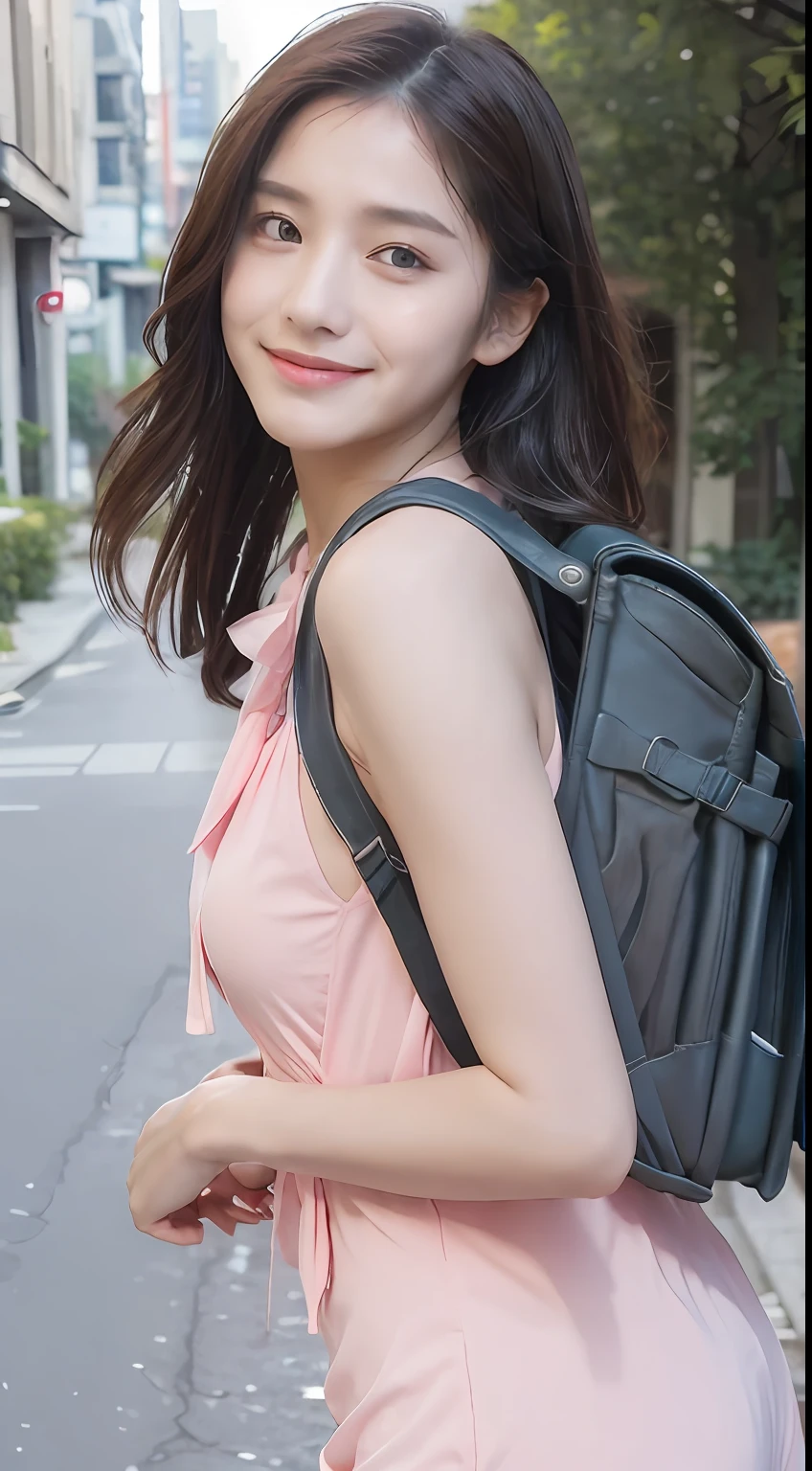 ((Best Quality, 8k, Masterpiece:1.3)), Focus: 1.2, Perfect Body Beauty: 1.4, Buttocks: 1.2, ((Long Hair)), (Wet Clothes:1.1) , ( Street:1.3), Pink bandeau dress: 1.1, Highly detailed face and skin texture, Detailed eyes, Double eyelids, buttocks, Whitened skin, smile, wear randoseru backpack, (wear randoseru backpack:1.0)