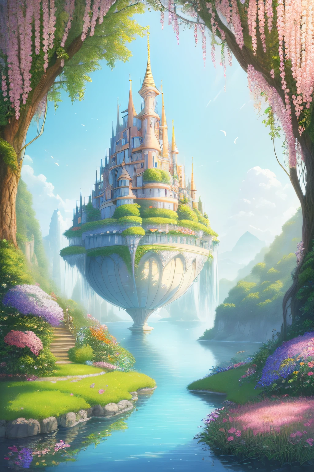 (extremely detailed CG unity 8k wallpaper),(((masterpiece))), (((best quality))), ((ultra-detailed)), (best illustration),(best shadow), ((an extremely delicate and beautiful)),dynamic angle,floating, fairyland,dynamic angle,sea of flowers,beautiful detailed garden,wind,classic,spring, (detailed light),feather, nature, (sunlight), river, forest,(((floating palace))),((the best building)),beautiful and delicate water,(painting),(sketch),(bloom),(shine)