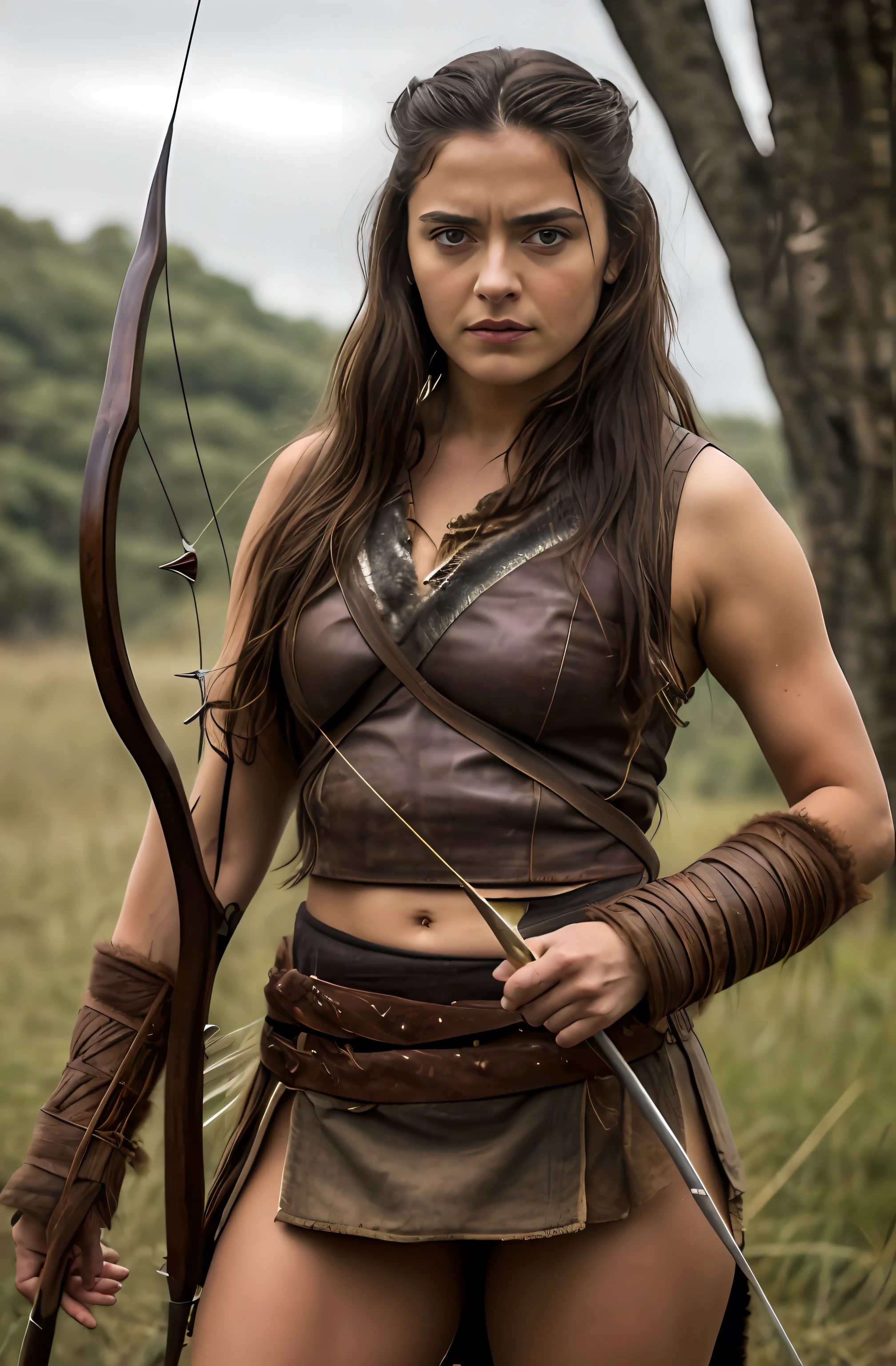 Masterpiece, High clarity eyes, perfect eyes, perfect face, perfect fingers, flawless, best quality, highly detailed, hunting pose, captivating beauty, Extremely Gorgeous woman with a bow and arrow, fluffy hair, in a leather, clothes and animal skins outfit, salma hayek as a barbarian, perfect eyes, hunting pose,small hairs in armpits visible, with bow and arrow, barbarian warrior woman, arya stark as venus, beautiful huntress, hunting goddess, lusty figure, warrior queen, Amazon tribal clothing, Amazon tribes dress,warrior woman, warrior princess, amazon warrior, a beautiful woman warrior, greek amazon warrior, beautiful female warrior, female archer, elven warrior princess, hunting woman, very beautiful female barbarian, beautiful hair, armpits crease