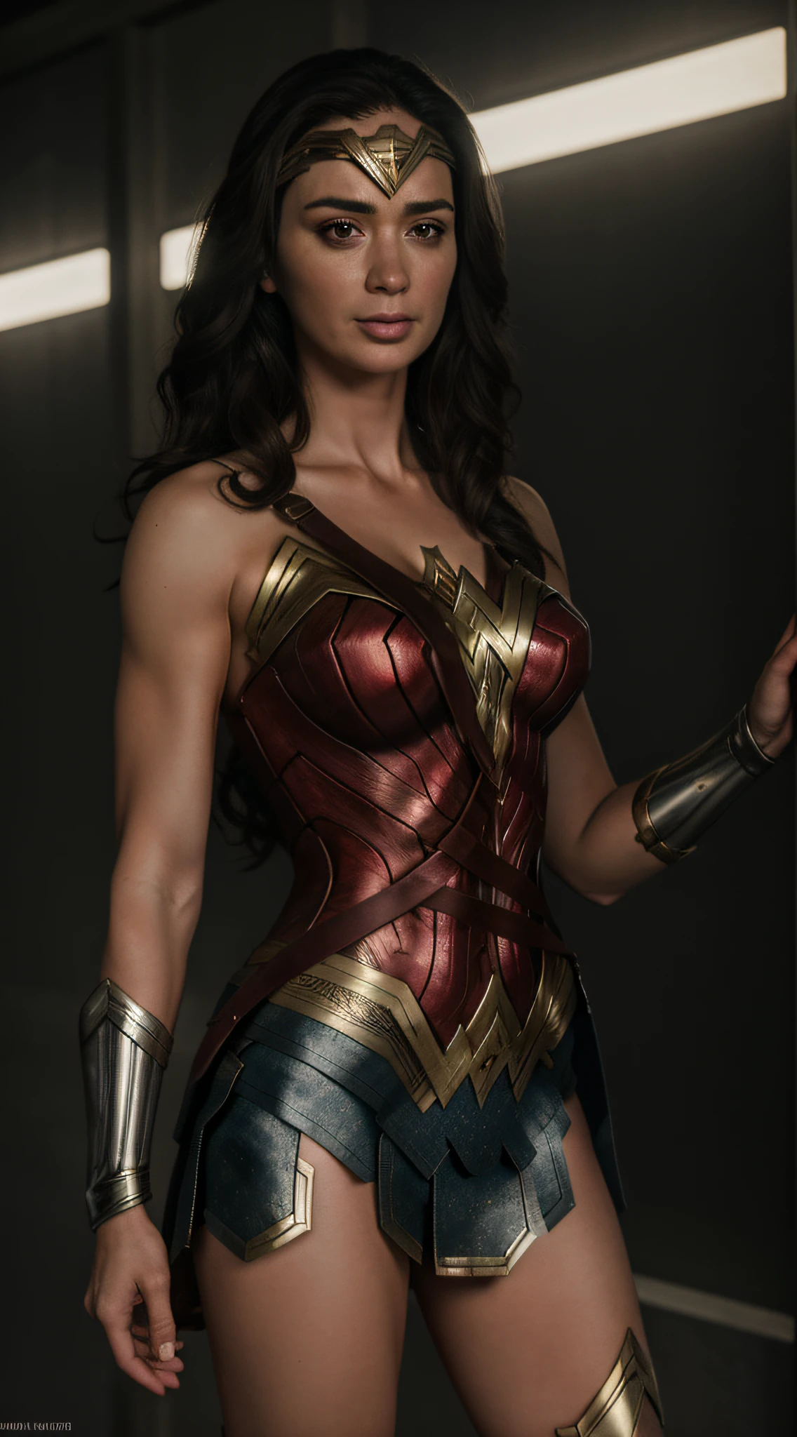 close-up, Mulher (wonderwoman suit, cabelos loiros, Emily Blunt), fotorrealista, ultra-detalhado, detalhes intrincados, super detalhado, volumático, HDR, Realistic, Motor irreal, 16k, foco nítido, octan render, da mais alta qualidade, Foto RAW, cinematic composition,