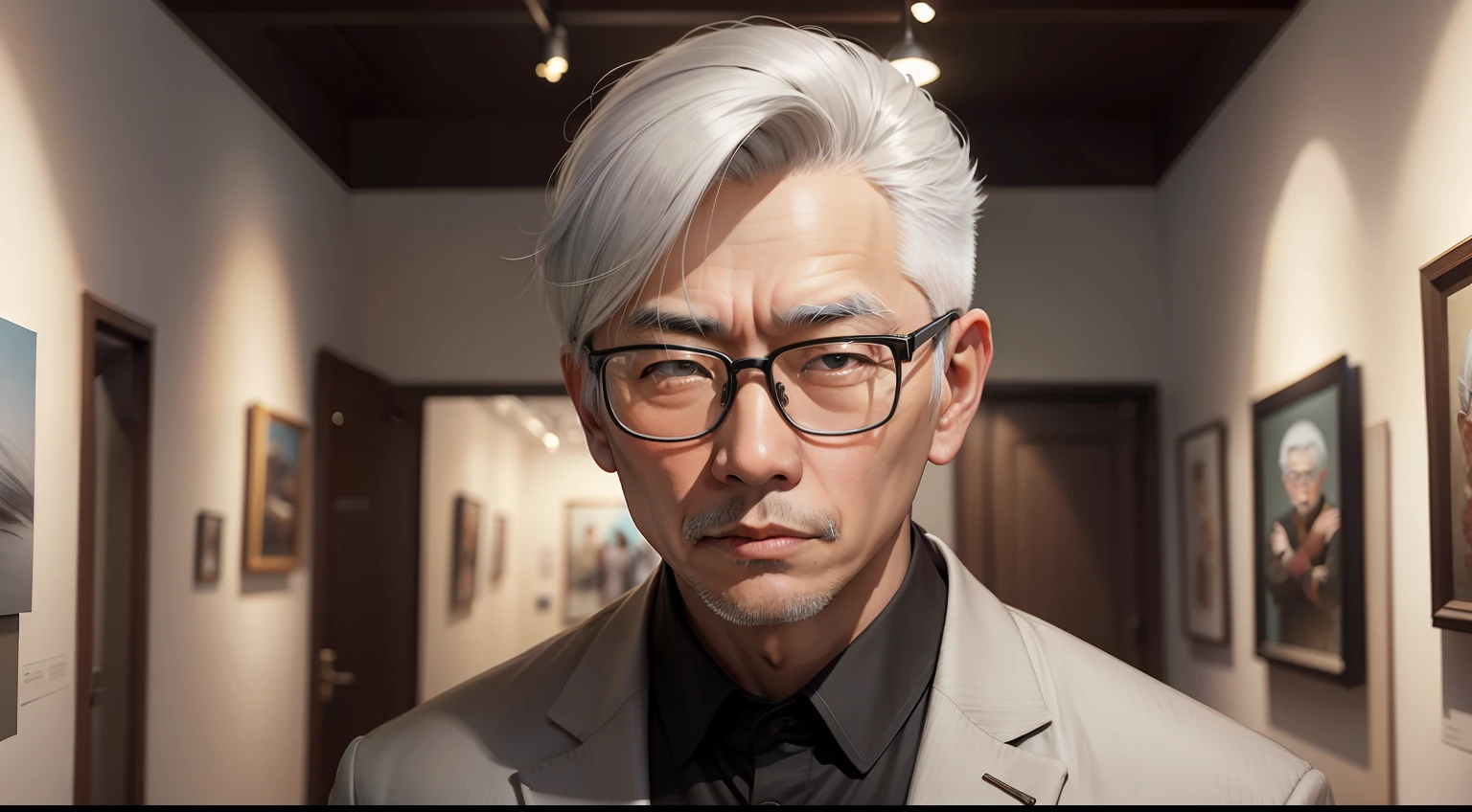 art gallery、Asian man with gray hair、wears glasses