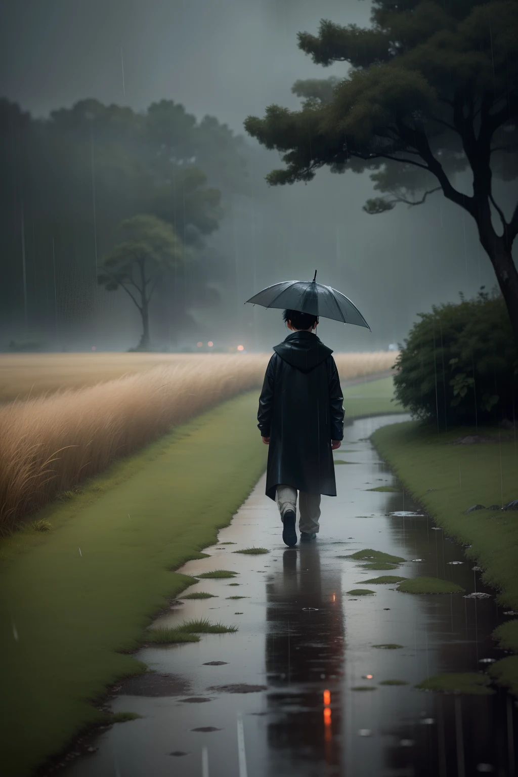 In the evening in the rain、Walking little boy、grass field、Lonely and beautiful, photography of, cinematic ligh, 8k, high detal, very heavy rain,Solitude