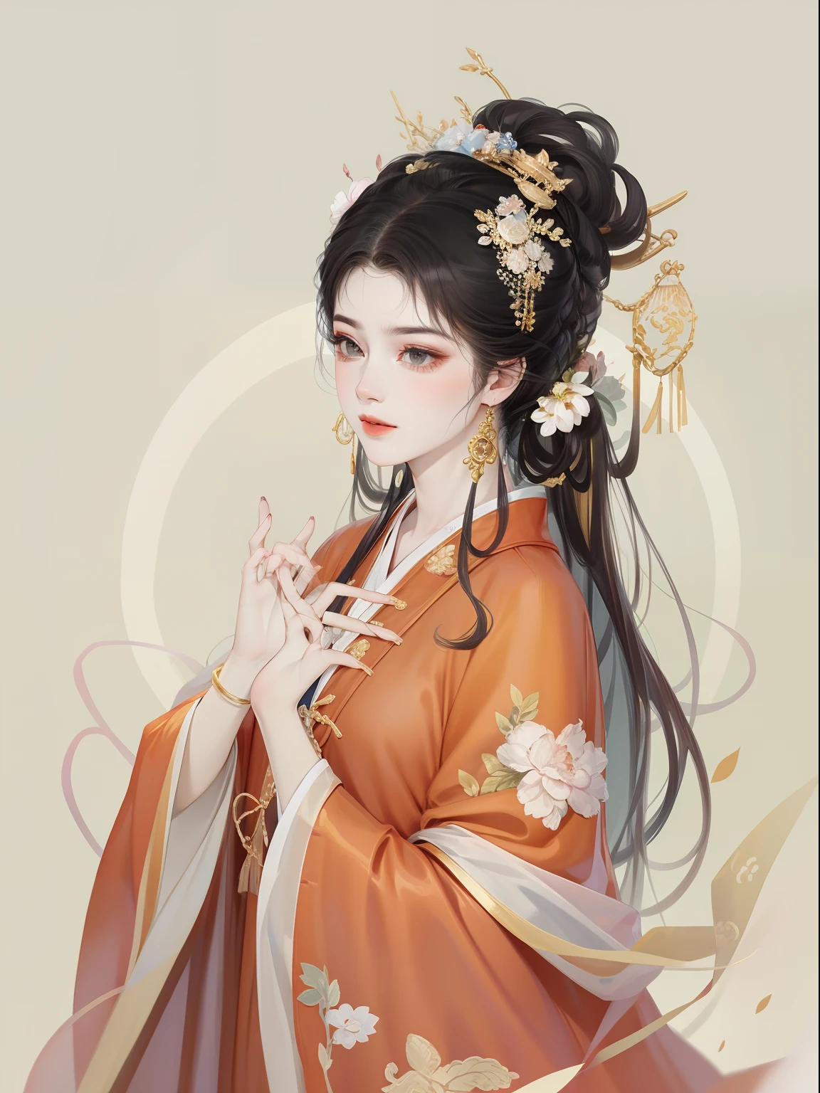 A beautiful girl in ancient China，The facial features are delicate and fair，Cool temperament，Red clothes，Black hair coiled into a bun，Wears a gold coat on his head，Chinese Song Dynasty clothing，Red Hanfu maxi dress，Long black hair, rays of sunshine，Clear face，ultraclear，tmasterpiece，ultra - detailed，high qulity，HighestQuali，The main color is red，Background simple elements。Invisible hands，No hands。
