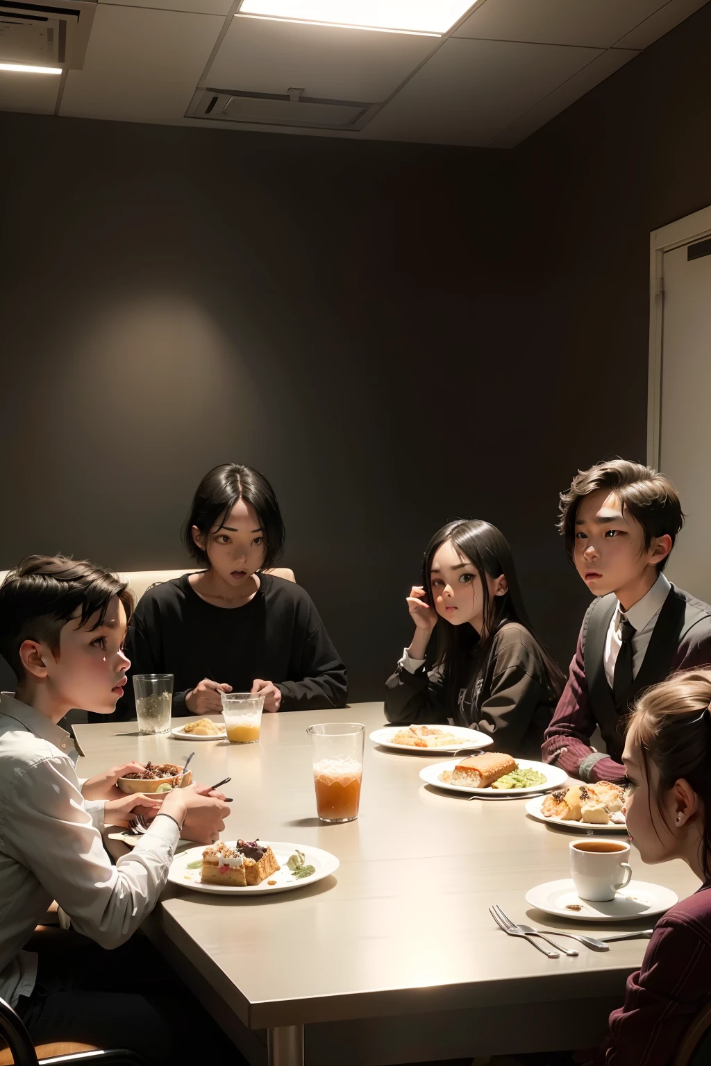 "scary style: 7 people eat around a rectangular table, 3 boys sat on the right side of the table, 3 girls sitting on the left side of the table"