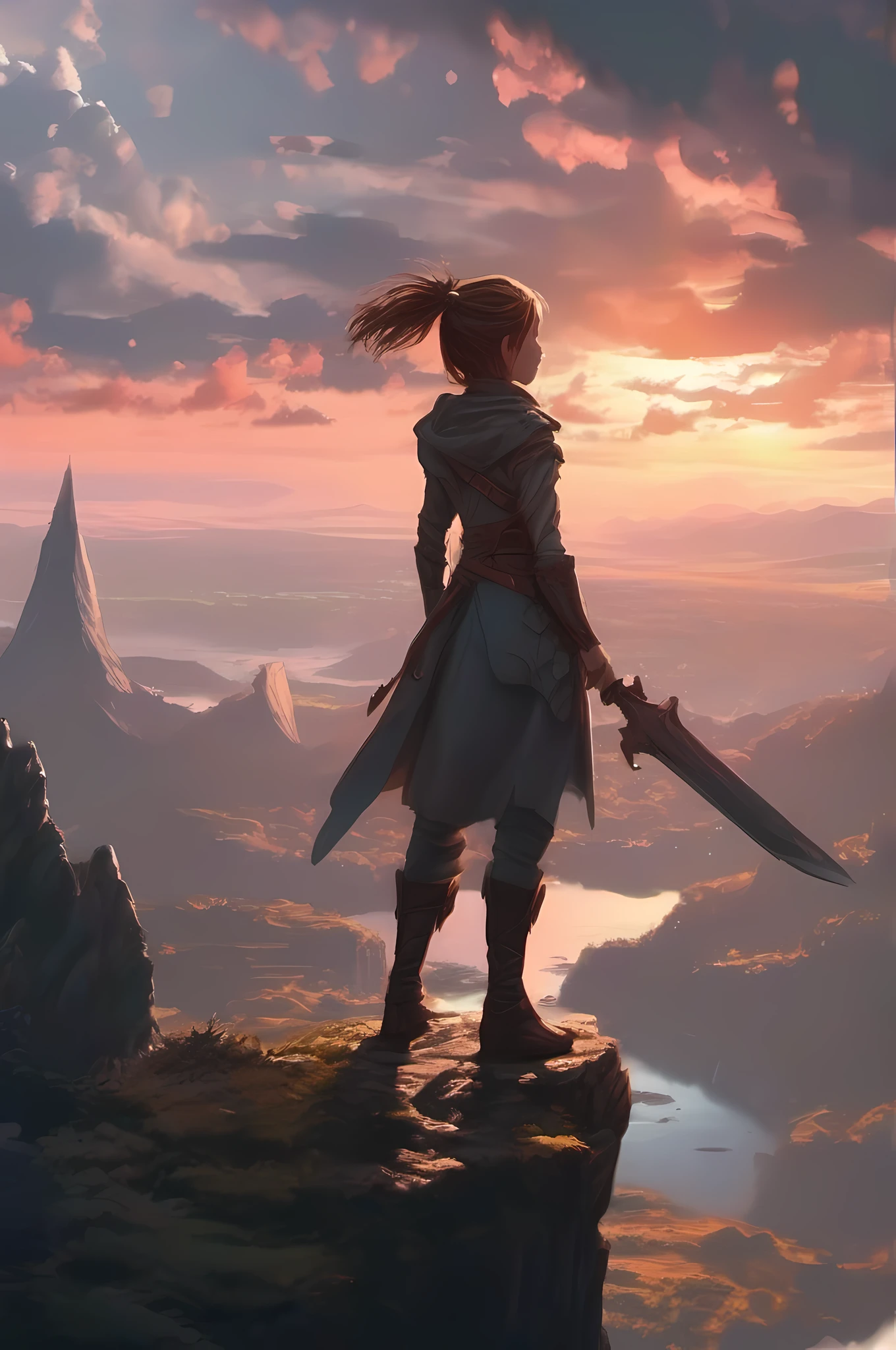 1girl, Standing on a cliff, Sword in hand, There are dragons in the sky, super detail --aspect 2:3, cinematic lighting, UHD