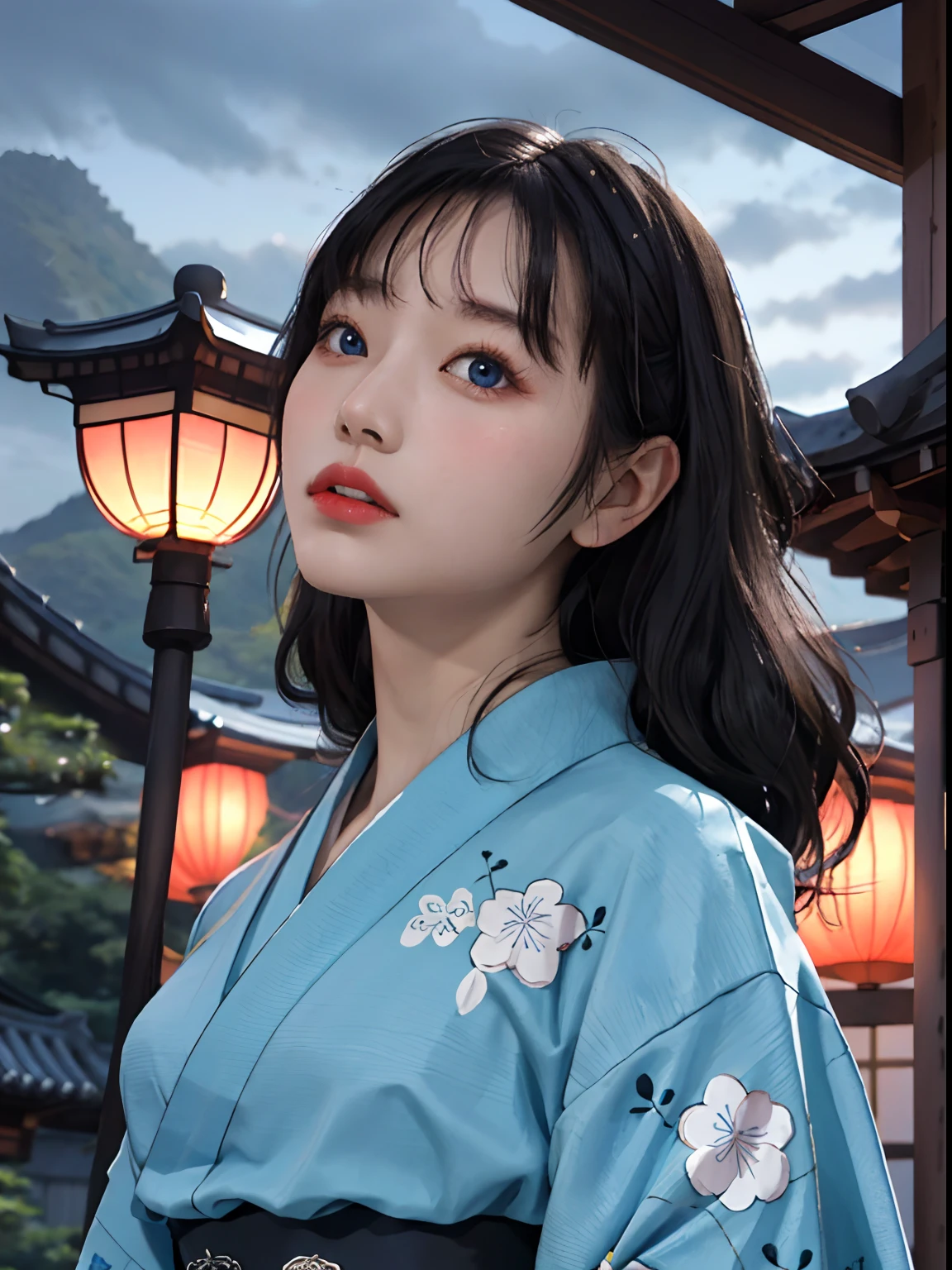 best quality, masterpiece,Black hair, blue eyes, looking up, upper body, korean girl, kimono,