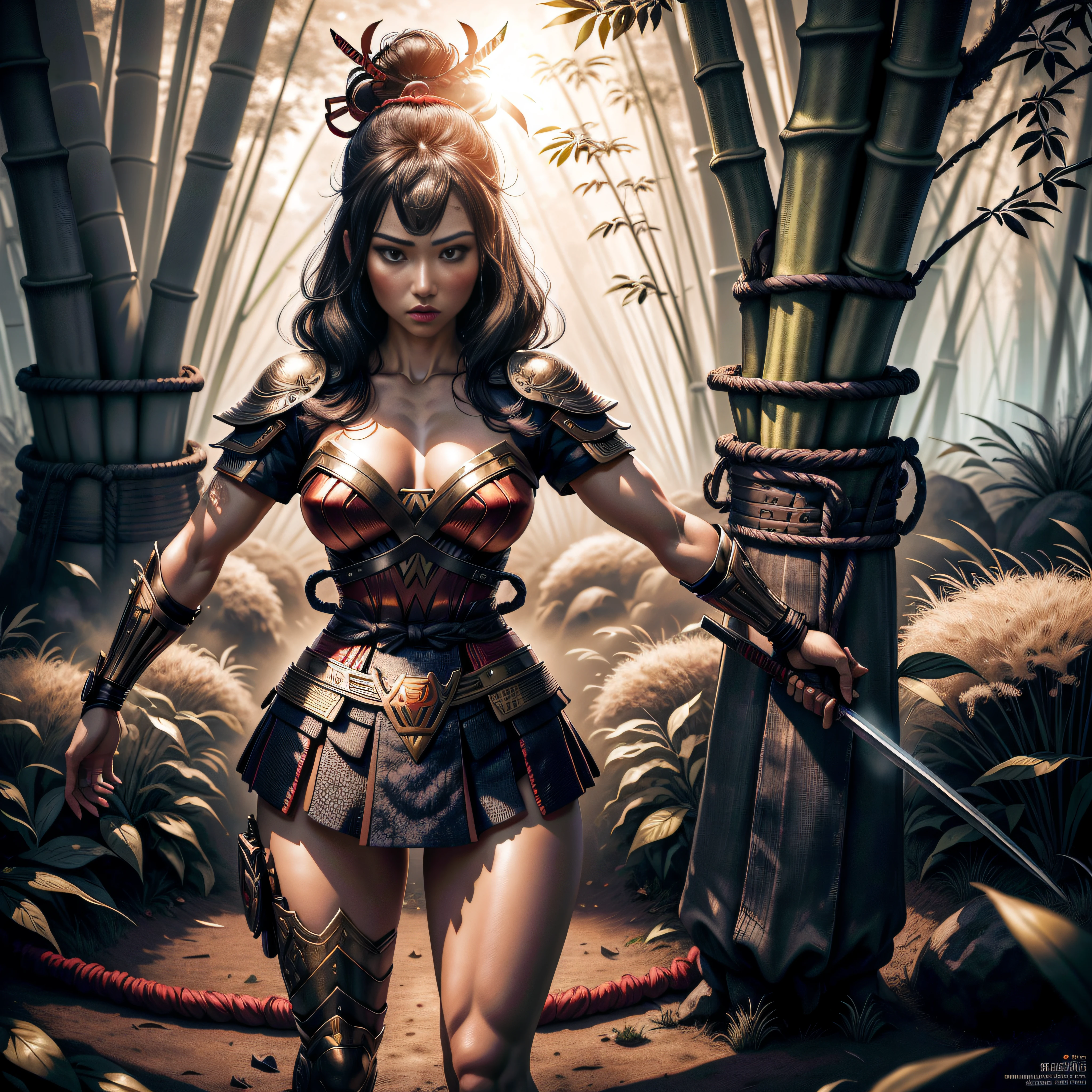 full body, hole body, standing pose, samurai wonder women, in a bamboo forest, hyper detail, best quality, 8k, 16k, hyper resolution, intricate details, Masterpiece, Highly Detailed Face and Skin Texture, ultra-high definition, highly detailed detailed cinematic rendering