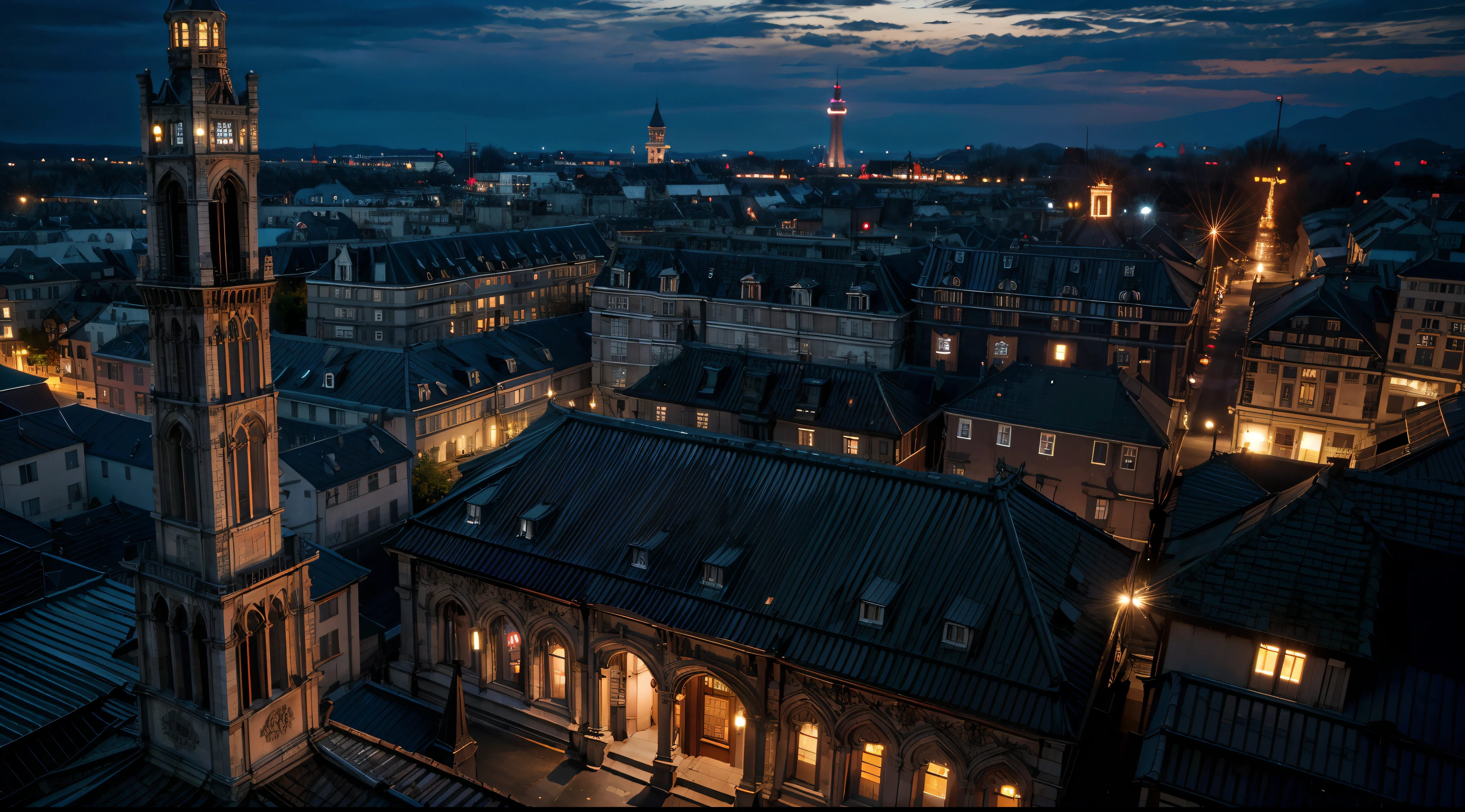 landscape, wide_angle, (background(night, tower, rooftop, nightlight), (photorealistic, absurdres, best_quality:1.55),