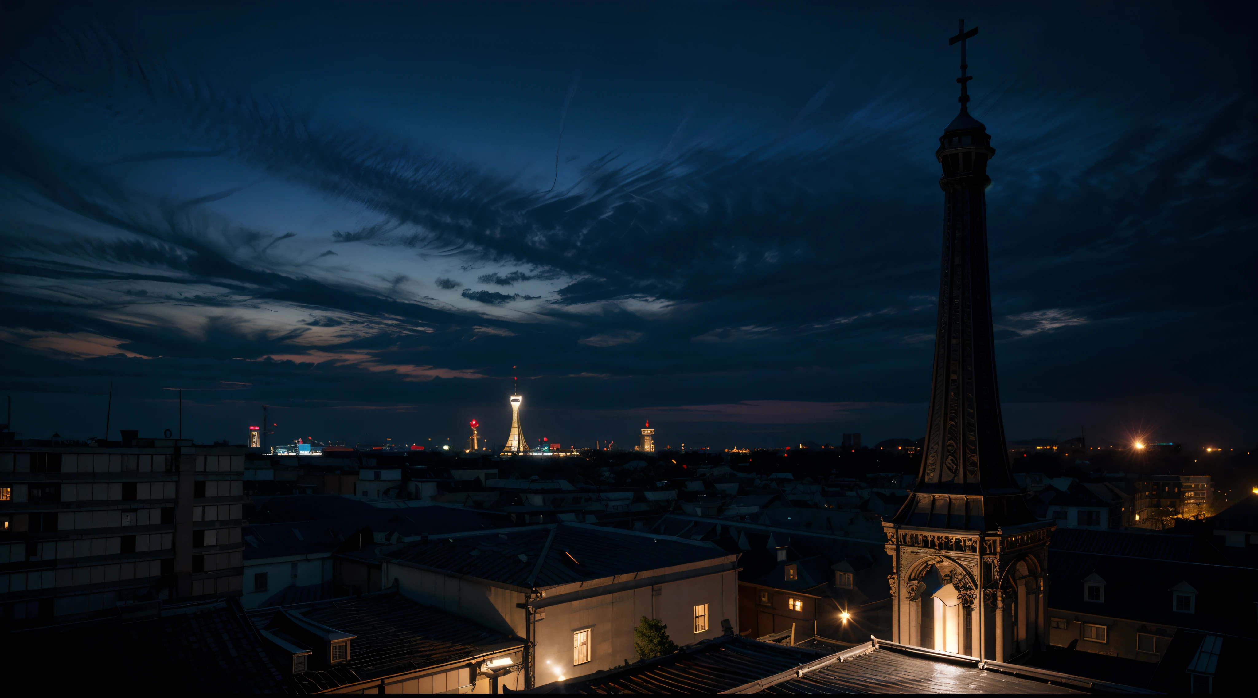 landscape, wide_angle, (background(night, tower, rooftop, nightlight), (photorealistic, absurdres, best_quality:1.55),