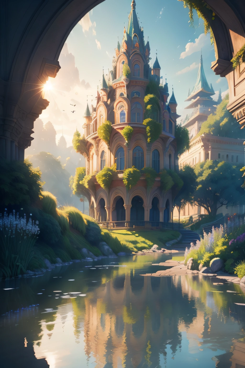 (extremely detailed CG unity 8k wallpaper),(((masterpiece))), (((best quality))), ((ultra-detailed)), (best illustration),(best shadow), ((an extremely delicate and beautiful)),dynamic angle,floating, fairyland,dynamic angle,sea of flowers,beautiful detailed garden,wind,classic,spring, (detailed light),feather, nature, (sunlight), river, forest,(((floating palace))),((the best building)),beautiful and delicate water,(painting),(sketch),(bloom),(shine)