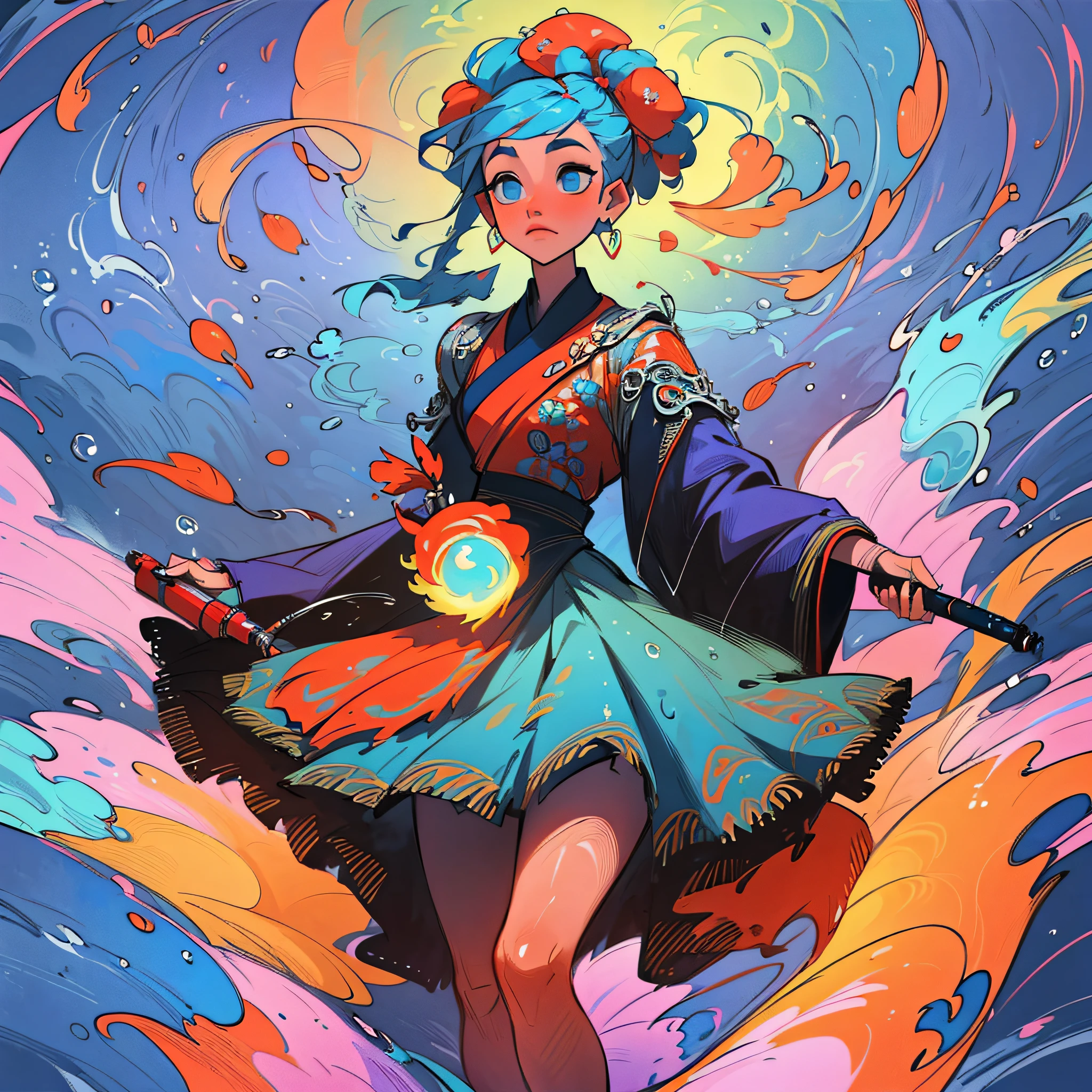 (Masterpiece, Top Quality, Best Quality, Official Art, Beauty and Aesthetics: 1.2), (1girl: 1.3), Very Detailed, (Fractal Art: 1.1), (Blue: 1.1) (Flowers: 1.3), Most Detailed, (Zentangle: 1.2), (Dynamic Pose), (Abstract Background: 1.3), (Shiny Skin), (Many Colors: 1.4), ,( earrings), (water:1.5), (Flamethrower:1.3), red background, Phoenix skirt,