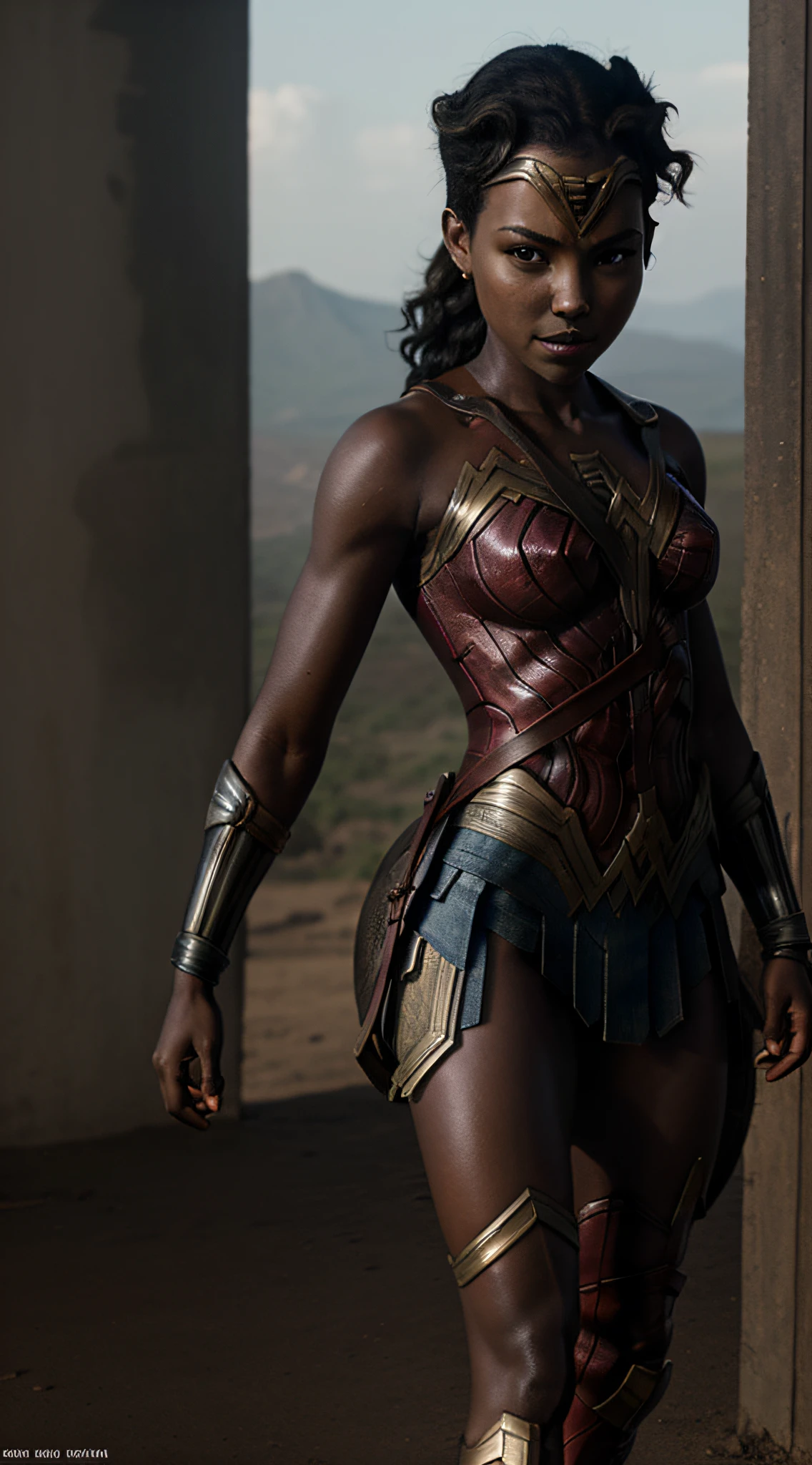 close-up, Mulher (wonderwoman suit), (((Emphasis Lupita Nyong'o))), fotorrealista, ultra-detalhado, detalhes intrincados, super detalhado, volumático, HDR, Realistic, Motor irreal, 16k, foco nítido, octan render, da mais alta qualidade, Foto RAW, cinematic composition,