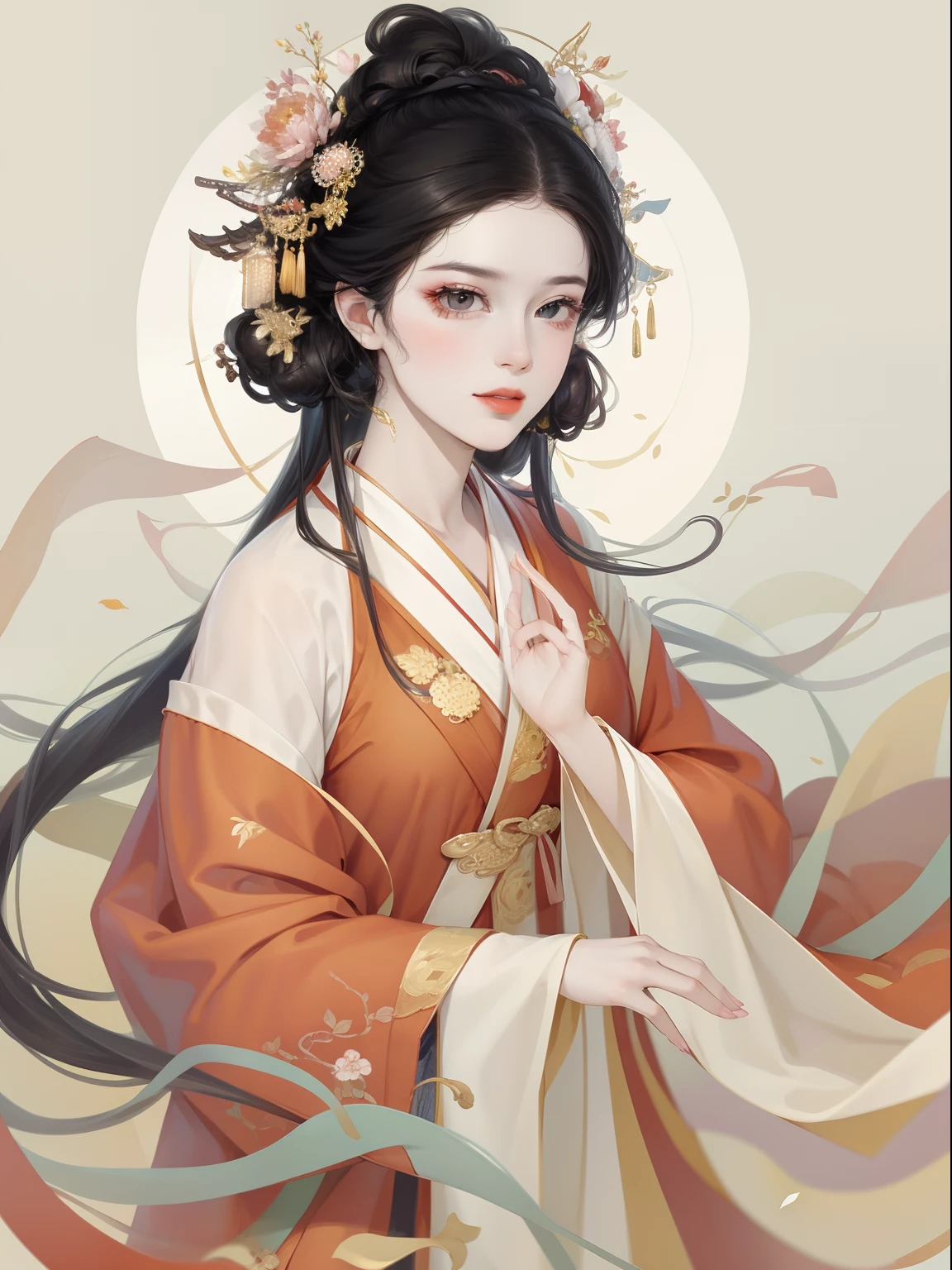 A beautiful girl in ancient China,The facial features are delicate and fair,Cool temperament,Red clothes,Black hair coiled into a bun,Wears a gold coat on his head,Chinese Song Dynasty clothing,red hanfu dress,Long black hair, rays of sunshine,Clear face,ultraclear,tmasterpiece,ultra - detailed,high qulity,HighestQuali,The main color is red,Background simple elements。Invisible hands,No hands。