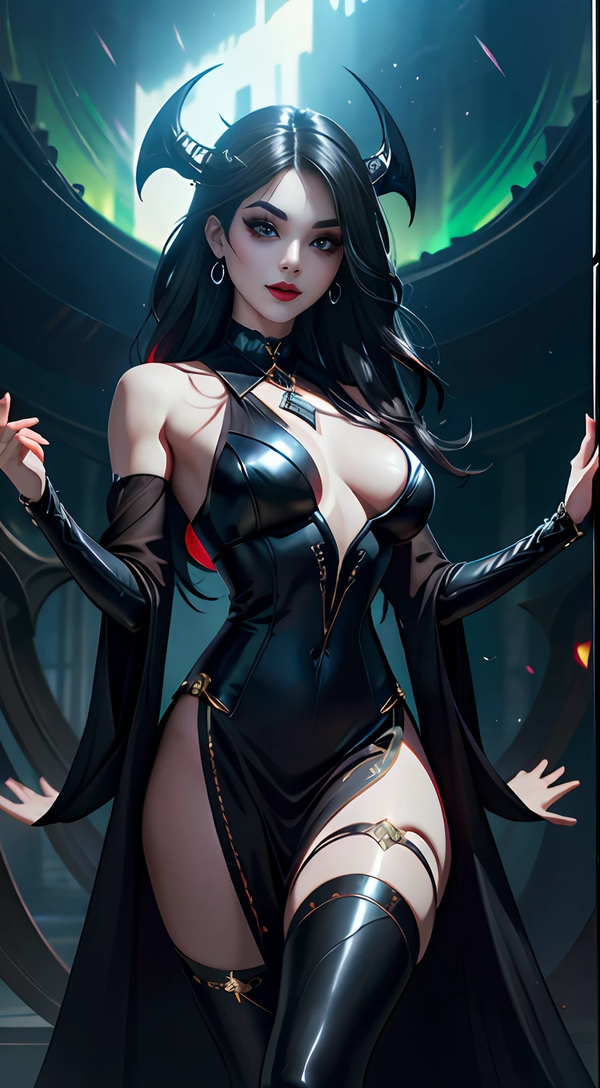 Model: long wavy black hair, full dark lips, black shiny body, Smoky eyes, BREAK, Setting: Room with black color, Broken glass,multicolored neon crystals, BREAK, bodypaint: Polychromatic geometric patterns, Torso cover, Arms and legs, BREAK, Accessories: Chrome-plated chains with torn body, Silver Choker, black feathered white black wings, Naked, Topless, naked body,BREAK, the pose: on a bed, looking forward, truth, Magic, Magic, wolf ears, Wolf, up close, northern lights, spectrum. apaixonado, Dark Elves. 🧘🏻‍♀️👁️⛩️soror 🌬️mystica 🩸✨occult dmt🪬dream 👁️goddess of Love🥀🔑🚪moon, ...key, starry, secret, Heart, 100mm wide-angle lens1 beautiful devil woman from hell, around dark: 1.6), surreal female portrait by David Hockney and Alphonse Mucha, Fantasy art, Korean Doll, photo realism, dinamic lighting, Artstation, Poster, voluminous lighting, Very Detailed Faces, 8k ultra, Awarded, around dark, deep shadow, Discreet key, cowboy lens, (Red phoenix dress: 1.4), hairlong, black  hair, bust, luxury palace,  Royal style, devil's crown, Red-eye makeup is very clear and detailed, The most beautiful face, The breasts are very large, round & round, super realistic, chinese women's clothes, polo neckline sweater, Adorable smile, The eyes are very well made up, guweiz, devil style, Wear black mesh socks, Tail with bow, tied at the back of the head,  Red-black lips, Devil tattoo on shoulder, She is dressed in a thin red and black robe, the landscape is overcast and thunderous, (portraite of a), Close-up of main character, (Background details 1.8),