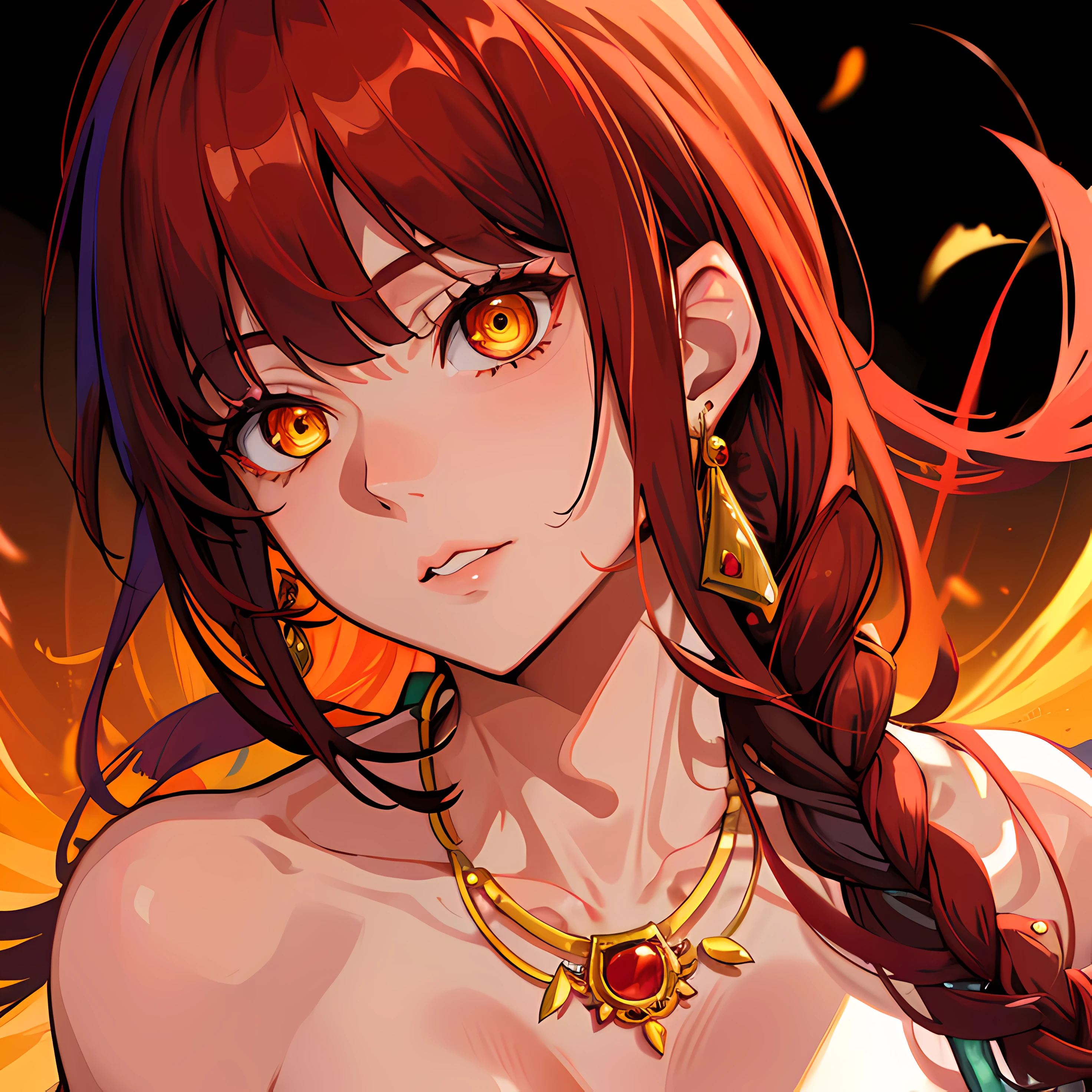 masterpiece, Best Quality, 8k, 32k,1 Girl, makima \(chainsaw man\), (red hair)+(long braided hair)+(bangs), yellow eyes, golden eyes, (ringed eyes), big breasts, Perfect Body, Ultra Detailed Face, Detailed Lips, earrings, necklace