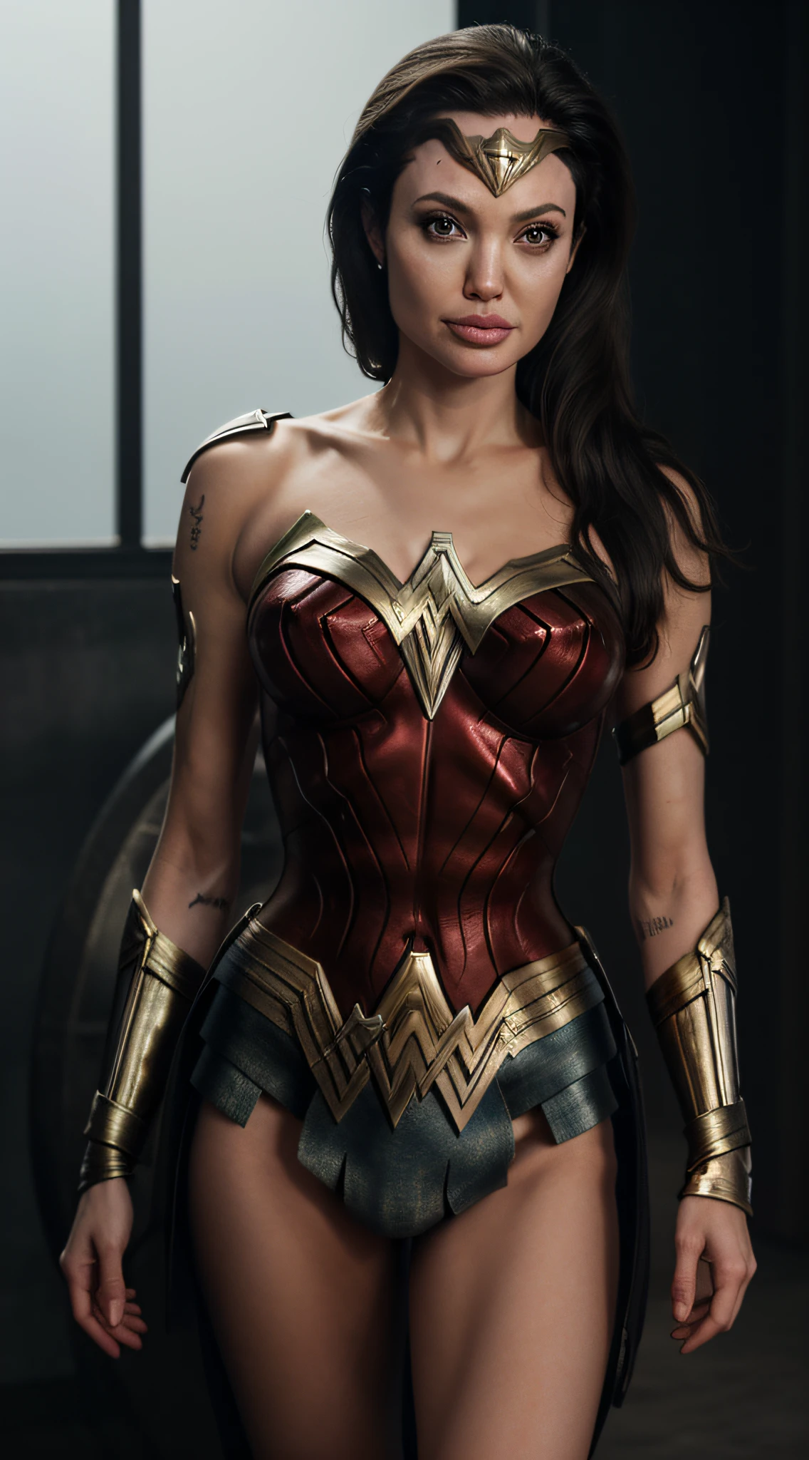 close-up, Mulher (Angelina Jolie, wonderwoman suit, 30yo), fotorrealista, ultra-detalhado, detalhes intrincados, super detalhado, volumático, HDR, Realistic, Motor irreal, 16k, foco nítido, octan render, da mais alta qualidade, Foto RAW, cinematic composition,