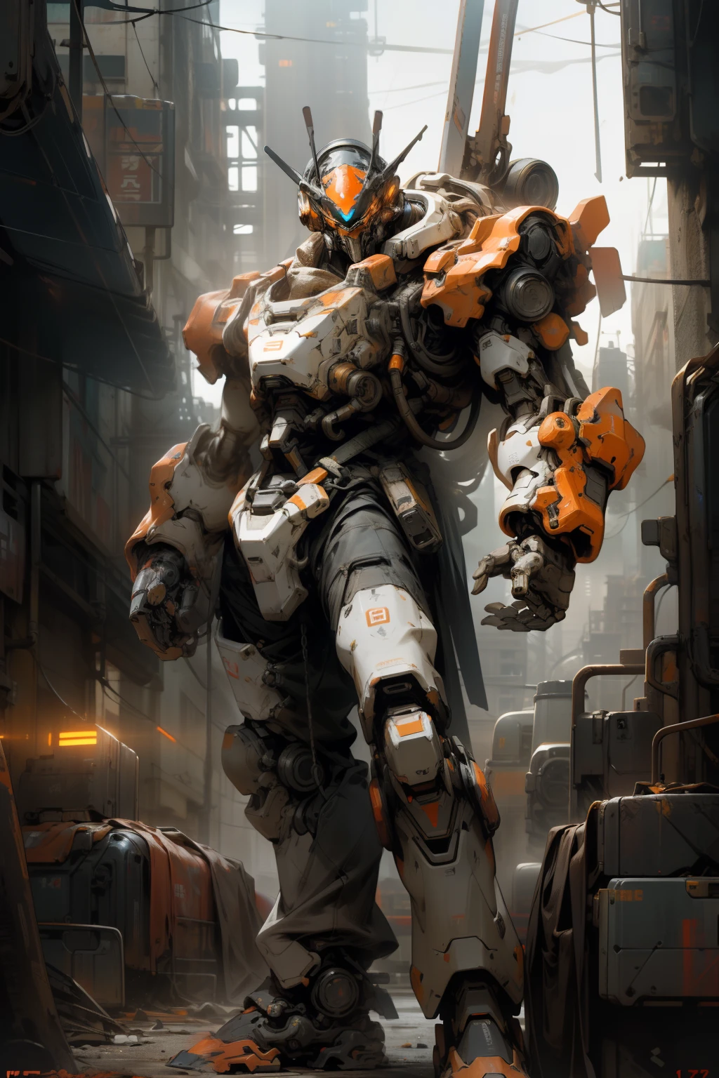 On the moon, barren planet, ruins, holding weapons, no humans, glowing, robot, building, glowing eyes, orange mech, science fiction, city, reality, mecha, galaxy background, full body, neon, cyber Punk, 8K wallpapers, ultra-detailed artwork, cinematic lighting, realistic photos, Dark_Fantasy, Cyberpunk, (chain saw, chain saw man, Red: 1.1), 1man, Mechanical marvel, Robotic presence, Cybernetic guardian, wearing a worn-out machine armor suit, intricate, (steel metal [rust]), elegant, sharp focus, photographed by greg rutkowski, soft lighting, vibrant colors, masterpiece, ((street)), cowboy shot, dynamic pose,