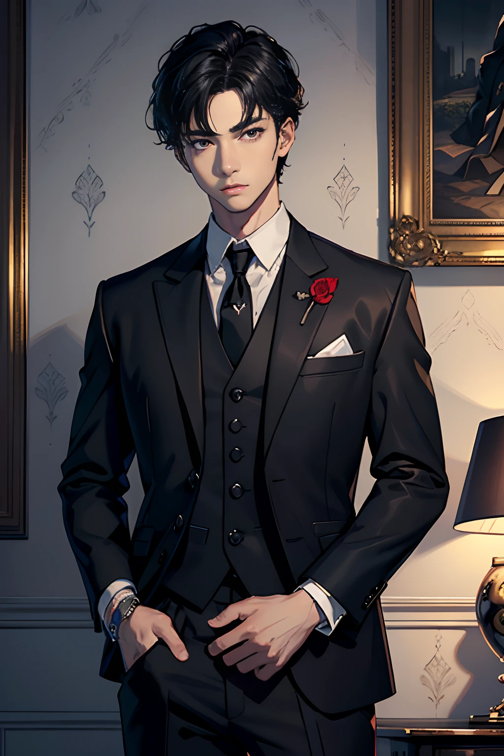 (masterpiece),best quality,masterpiece,highres,original,extremely detailed wallpaper,ultra-detailed,illustration,perfect lighting,(extremely detremely detailed CG:1.2),drawing,paintbrush,white background,
1boy, solo,black business suit,White shirt,black tie,Black trousers,red eyes, black hair, handsome,strong,high,