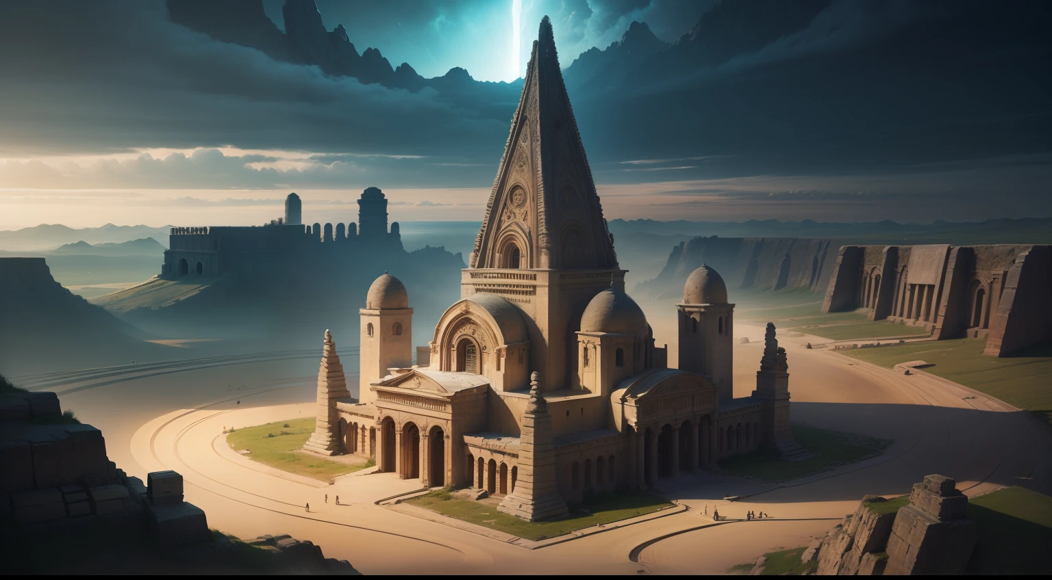 Surrealistic photo of an ancient city, mythical architect, legendary vehicles, classic lighting, very smooth texture, extremely detailed, very beautiful and magnificent landscape