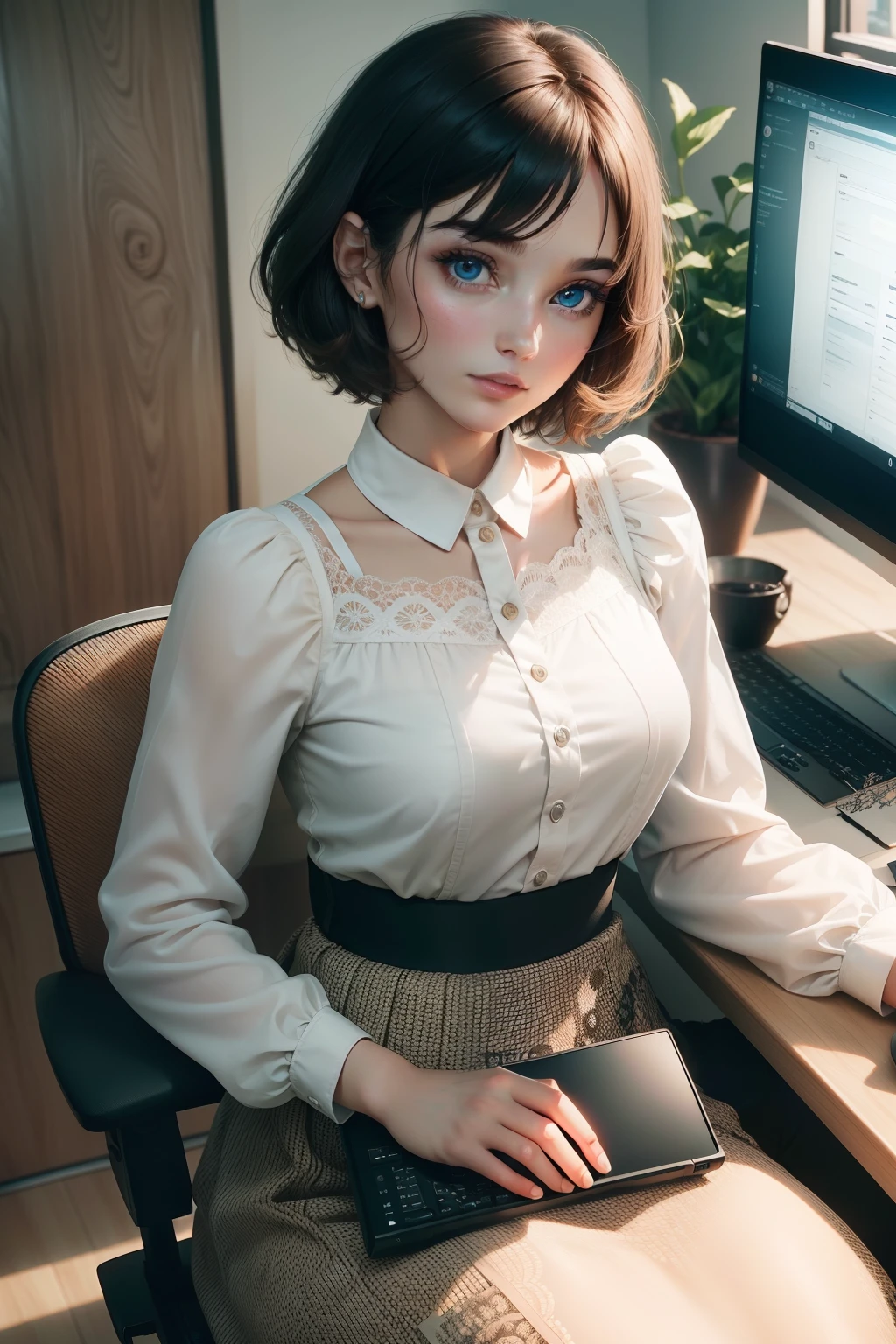 1OL, Short bob hairstyle, Long skirt, long sleeves brouse, working front of a desk in the office, (((Doing Computer)), Create a document, (Best Quality Detail:1.2),Realistic,8K High Definition,ultra-detailliert,high quality texture,Intricate details,Detailed texture,Finely detailed,high detailing,extremely details CG,high quality shadow,Detailed beautiful delicate face,(Detailed beautiful delicate eyes:1.32)