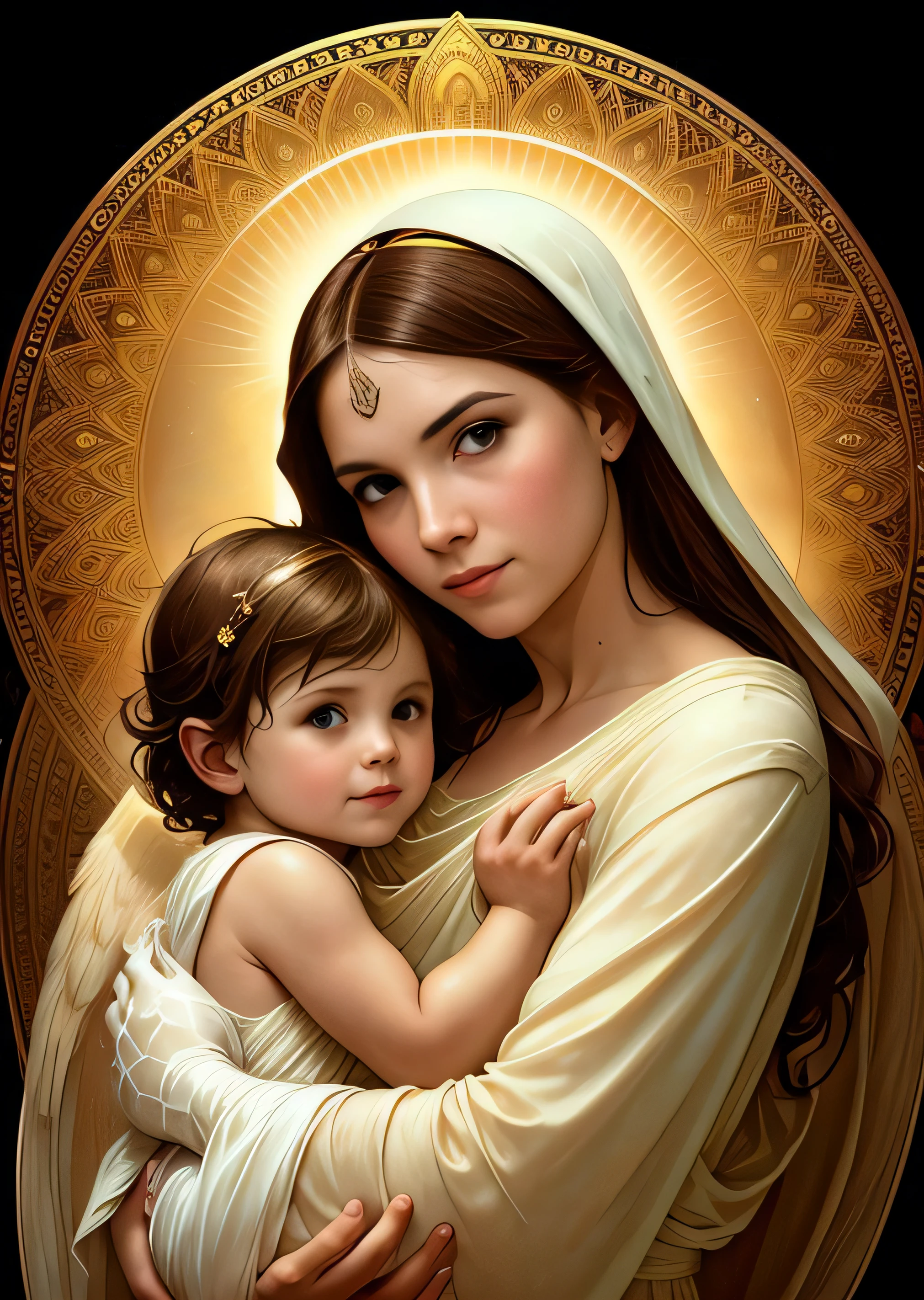 masterpiece, woman and child, holy virgin mary with little boy in her arms, ((halo over head)), smiling, heavenly sky, half body, ((divine light)), ethereal, clouds, back lighting, realistic portrait, symmetrical, strong, intricate drawing, highly detailed, digital painting, art station, concept art, fluid, sharp focus, illustration, against heaven's gate, cinematic lighting, works by artgerm and greg rutkowski and alphonse mucha