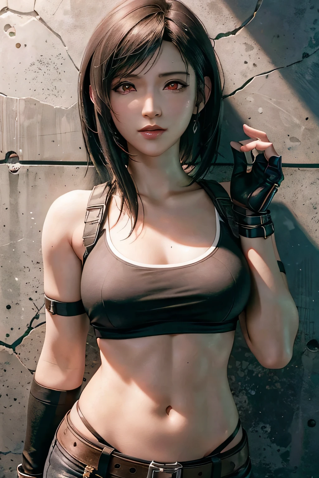 (​masterpiece), (top-quality), 8K分辨率, ultra-detailliert, ultra-detailliert, realisitic, a picture, photorealisim, (1girl), tifa, Final Fantasy, Tifa Lockhart, rays of sunshine, cinematic, Cool Pose, concrete wall,metal pipes,Details red eyes,Detailed double eyelids,Short Hair Dark Brown Color,slender figure,Model body type,bustＢcups