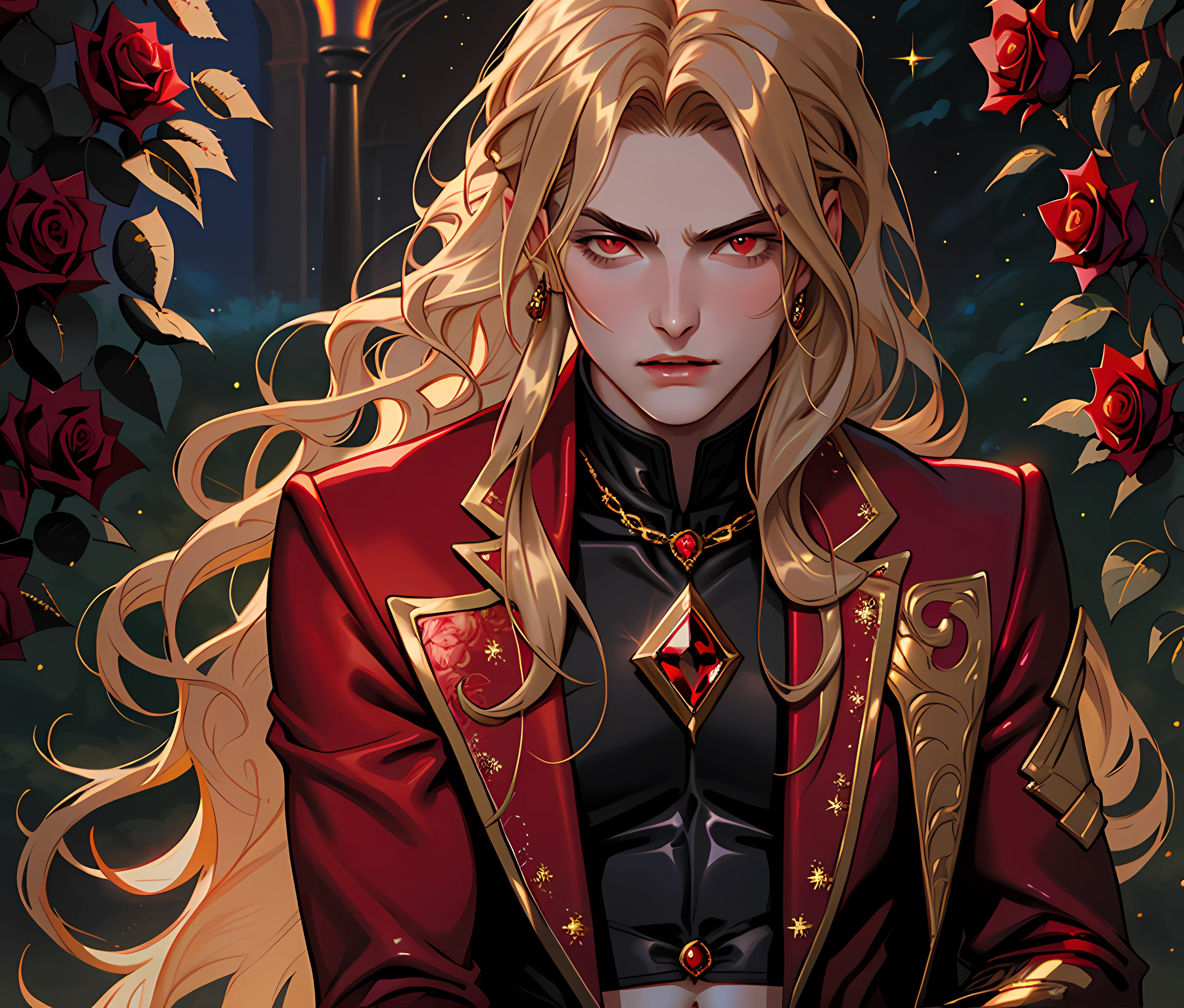 masterpiece, highest quality, (perfect face:1.1), (high detail:1.1), vampire with long voluminous gold hair, soft hair, red eyes, slit pupil, solo ,1guy, long hair, red Victorian suit, Rose Garden detailed background, realistic, covered navel, pouty lips, curvy guy, perfectly drawn face, cinematic lighting, balenciaga, glitter