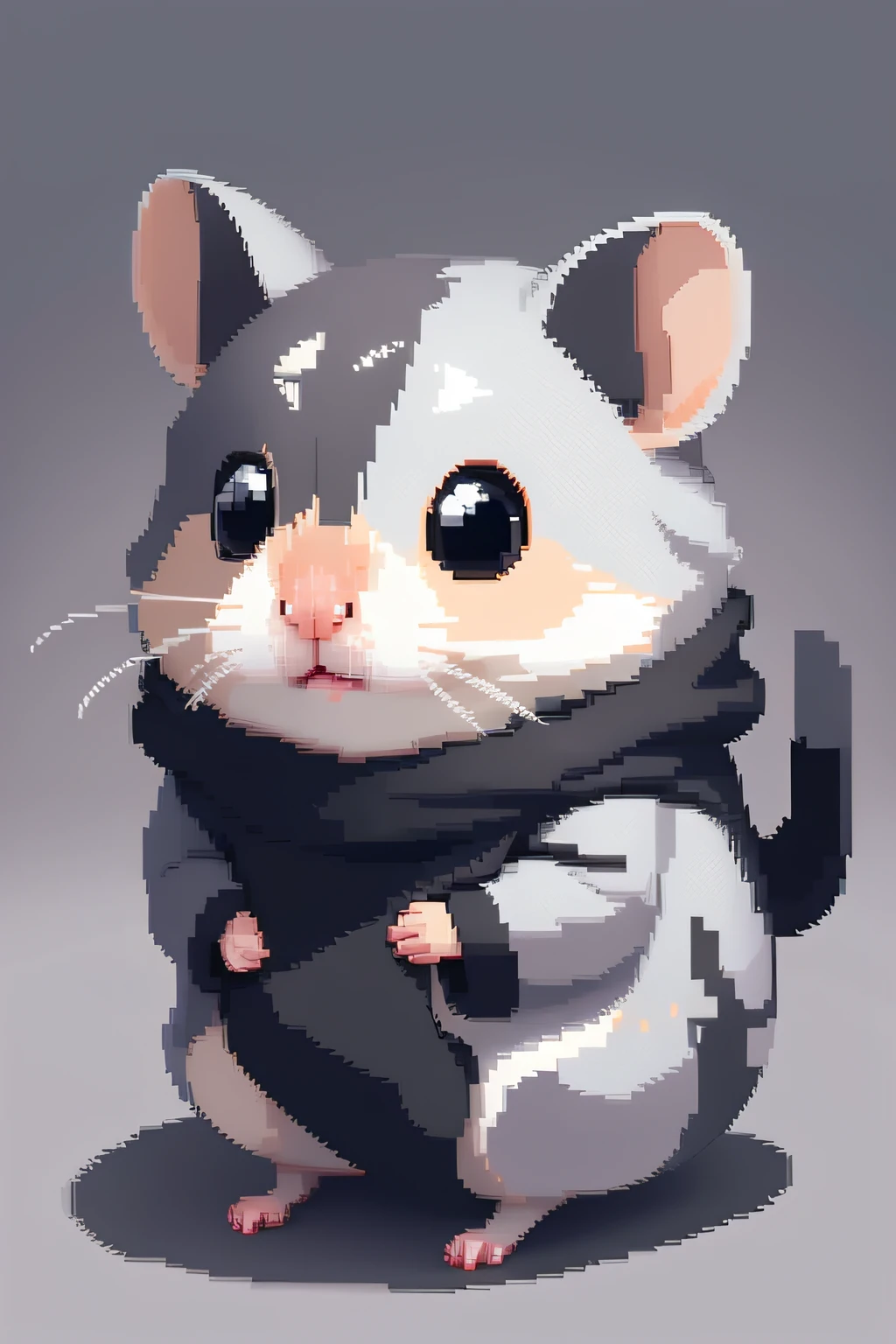 Background color is gray、Pixel art、solid color、hamster、It features a simple