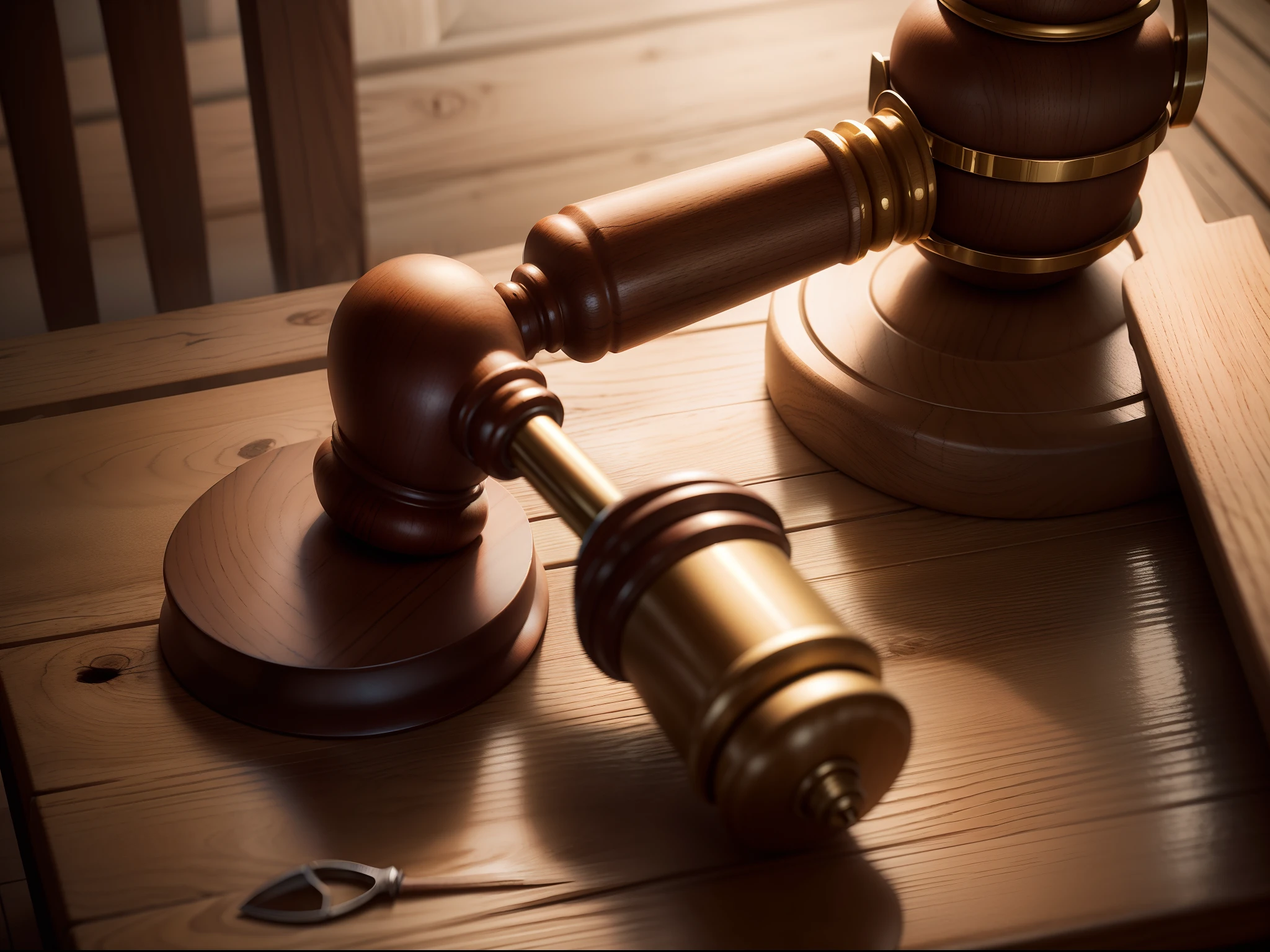court room，The judge holds the hammer of judgment，The moment you hit the bottom plate，Close-up of the hammer，photorealestic，Holding a wooden hammer in one hand