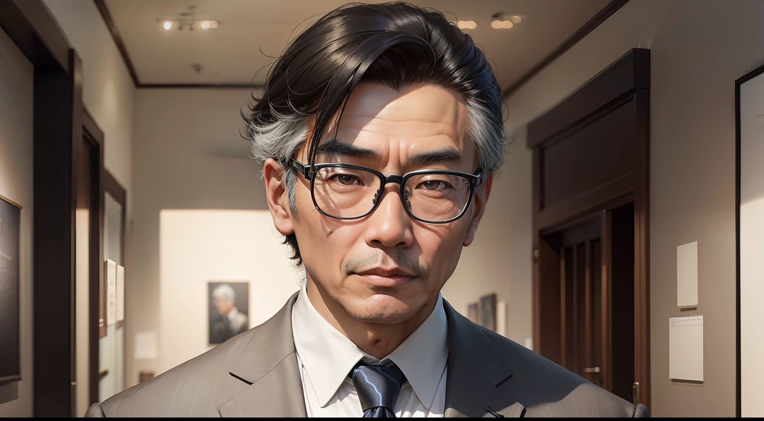 art gallery、Asian man with black hair mixed with a little gray hair、５０age、wears glasses、Wearing a dark blue suit、