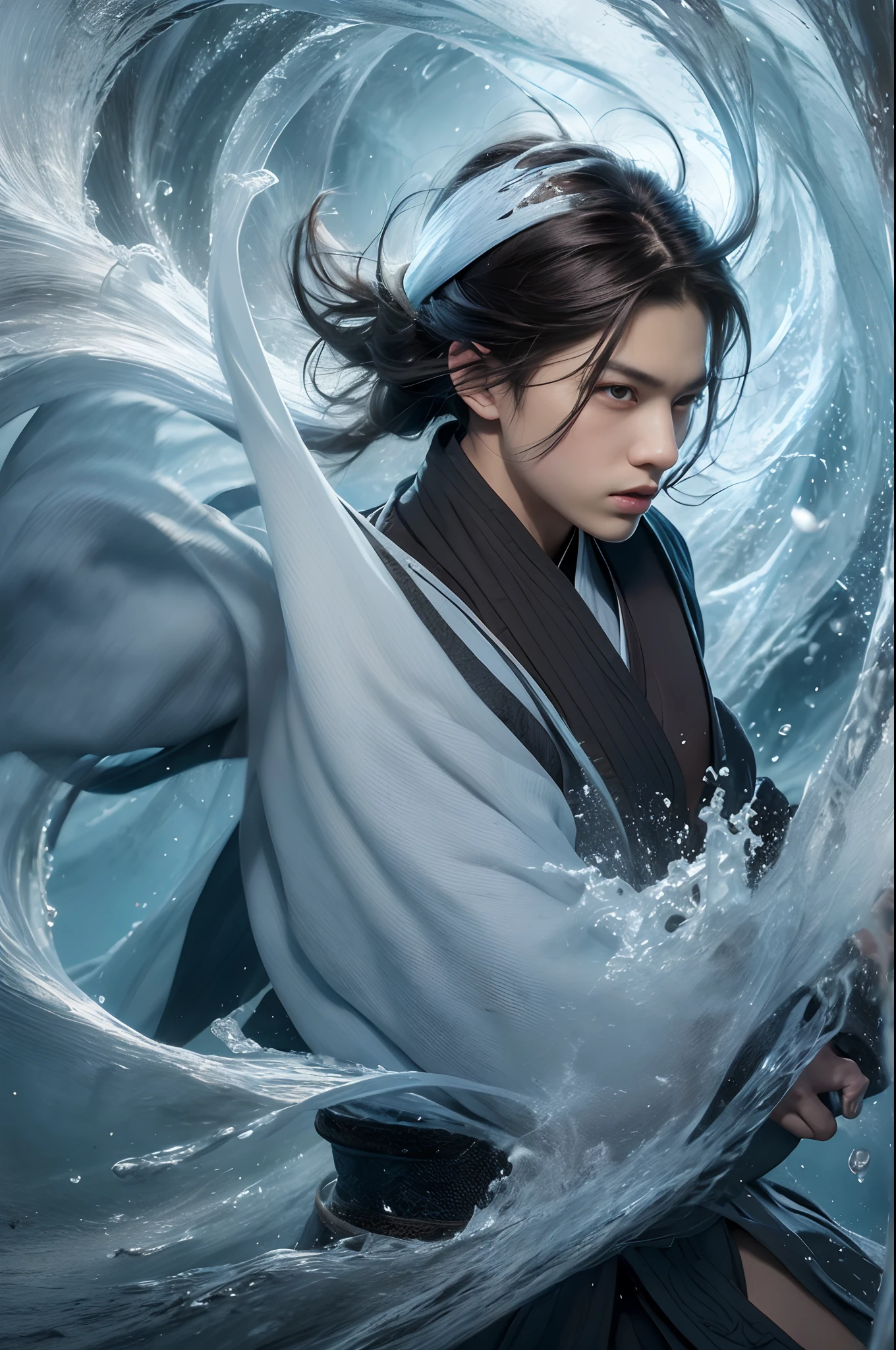 Best quality, masterpiece, super high resolution, hanfu, jade water book, black hair, water, waves, crashing waves, spells, fa gong, (absurd, high resolution, super detailed), Asian, 1 male, eighteen-year-old boy, handsome, tall muscular man, broad shoulders, very short hair, bottom cut, dark brown eyes, fine eyes and detailed face, extremely detailed CG Unity 8k wallpaper, intricate details, (style swirl magic: 0.7), looking at the audience, solo, (full body: 0.6), detailed background, detailed face, (European medieval fantasy theme: 1.1), hair fluttering in the wind, martial artist, dynamic pose, fighting stance, clenched fists, fingerless gloves, wristbands, dragon-themed costumes, monk robes, , spinning floating particles, dynamic composition, upper body naked, big muscles, white rubber pants,