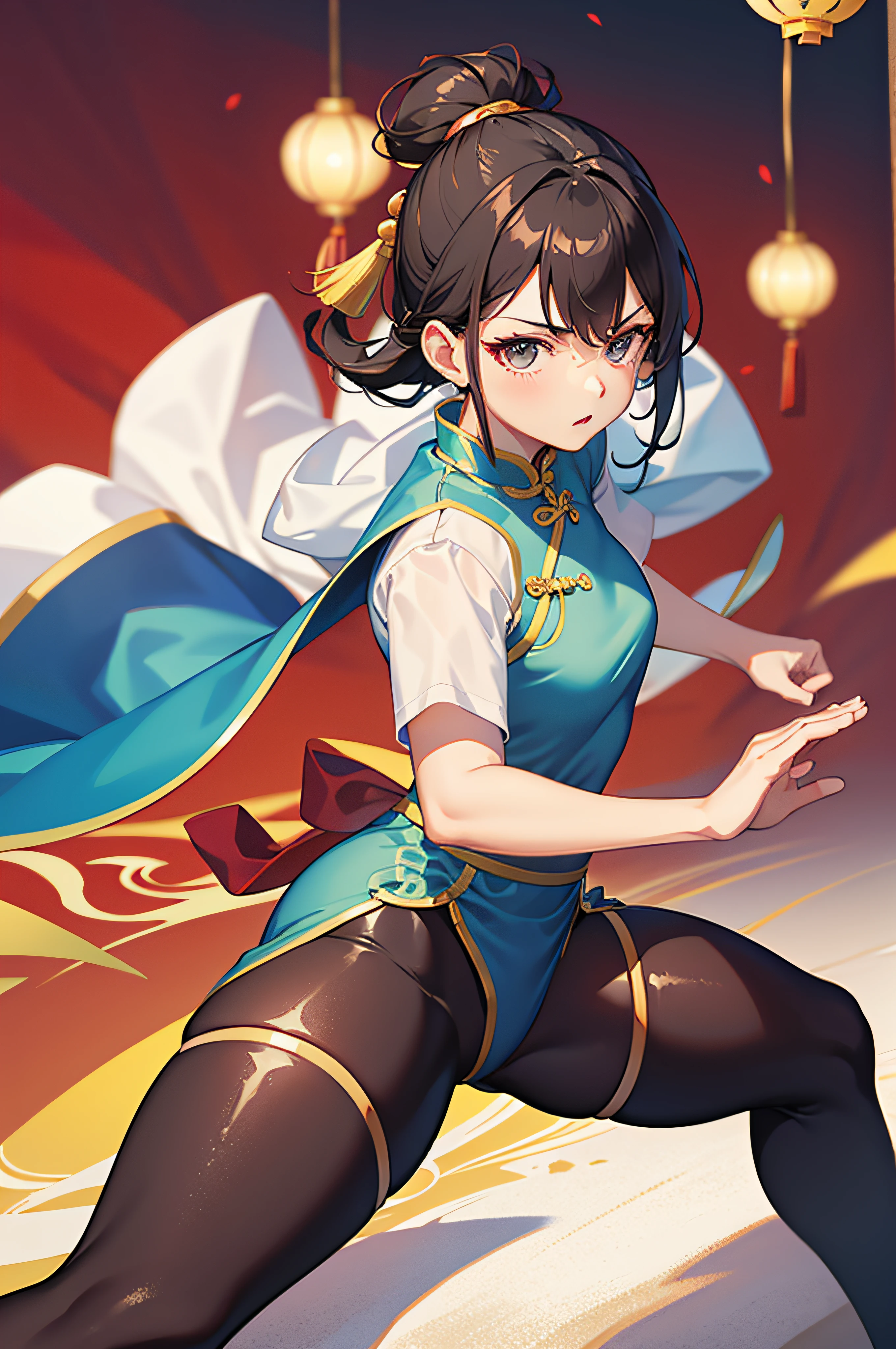 one-girl，wearing  cheongsam，Kung Fu Girl，Chun- li，Ball head，upper legs，black lence stockings，Kung Fu debut，Combat action，dynamic viewing angle，Best Picture Quality，tmasterpiece，超高分辨率，（fidelity：1.4），Chinese Kung Fu，Kicking action，Chinese background，Chinese style house background，
