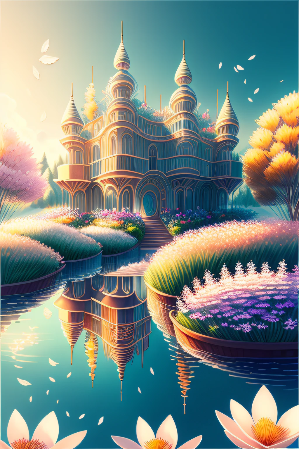 (extremely detailed CG unity 8k wallpaper),(((masterpiece))), (((best quality))), ((ultra-detailed)), (best illustration),(best shadow), ((an extremely delicate and beautiful)),dynamic angle,floating, fairyland,dynamic angle,sea of flowers,beautiful detailed garden,wind,classic,spring, (detailed light),feather, nature, (sunlight), river, forest,(((floating palace))),((the best building)),beautiful and delicate water,(painting),(sketch),(bloom),(shine)