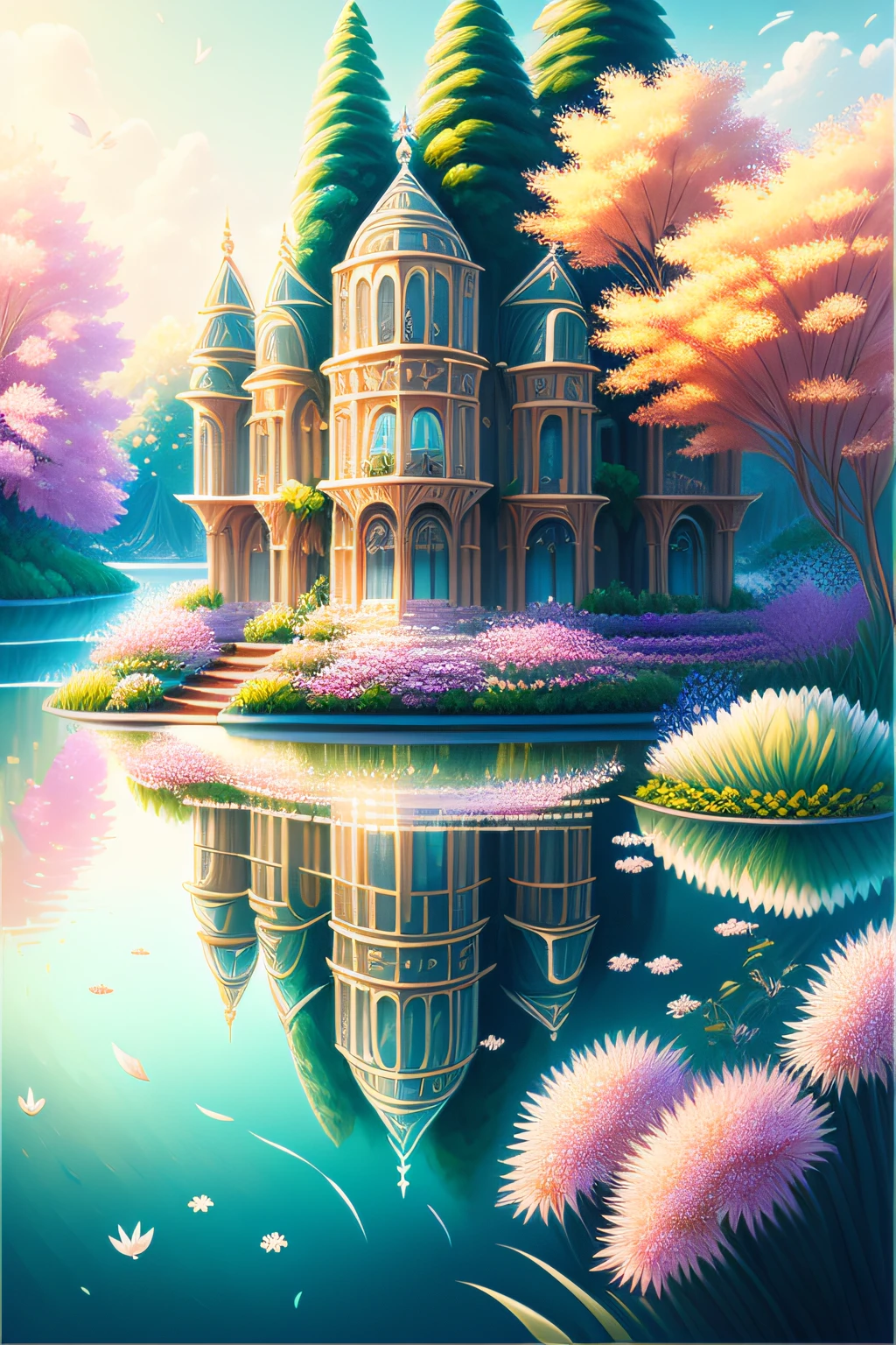 (extremely detailed CG unity 8k wallpaper),(((masterpiece))), (((best quality))), ((ultra-detailed)), (best illustration),(best shadow), ((an extremely delicate and beautiful)),dynamic angle,floating, fairyland,dynamic angle,sea of flowers,beautiful detailed garden,wind,classic,spring, (detailed light),feather, nature, (sunlight), river, forest,(((floating palace))),((the best building)),beautiful and delicate water,(painting),(sketch),(bloom),(shine)