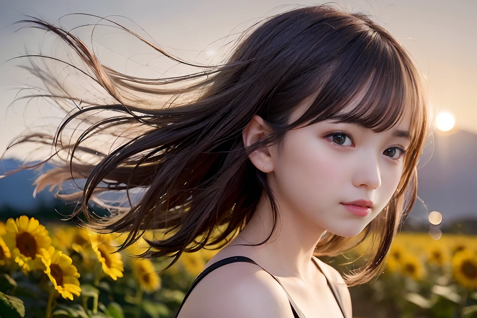 ((((((fully body photo))))))、((((Backlight of sunset))))、(((((Dark beige hair)))))、(((((Hair fluttering in the wind)))))、((lensflare))、((Wearing sober clothes))、A big smile、((((profile))))、(((Facing up)))、Colorful sunflower on background、Surrounded by sunflowers、((The soft sunset is shining on it))、(yinchuan:1.5),、masterpiece、top-quality、Raw foto、Photorealsitic, beautiful a girl, cute little, shorth hair, (((depth of fields))), hight resolution, ultra-detailliert, finely detail, ighly detailed,、Cinematic lighting、Hair Models