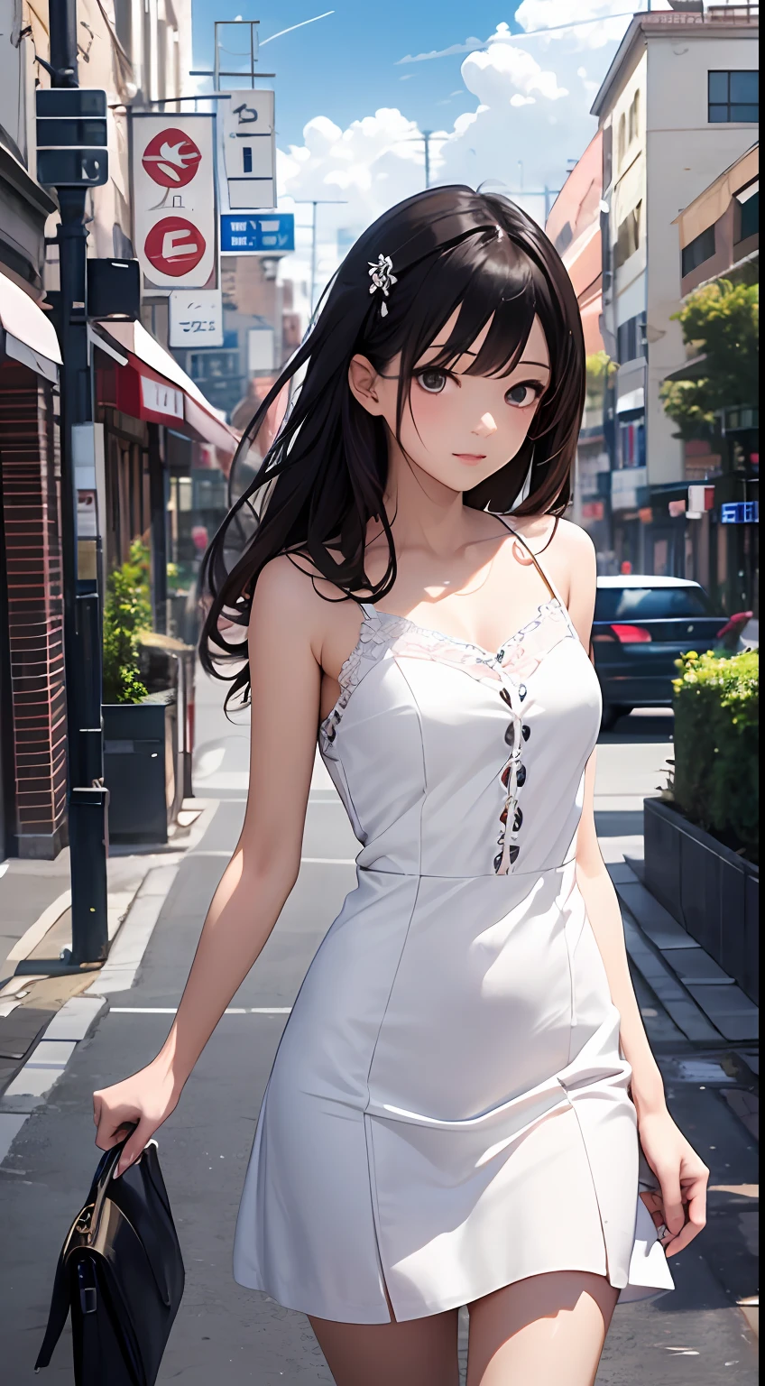 （Close-up of the painting style，8k ultra high definition，Masterpiece grade vista CG wallpaper）美丽细致的眼睛，cute girly，Perfect slim body，shift dresses，Pure eyes，Smooth skin，walking at street，Background sky blank clouds，Buildings，the street。