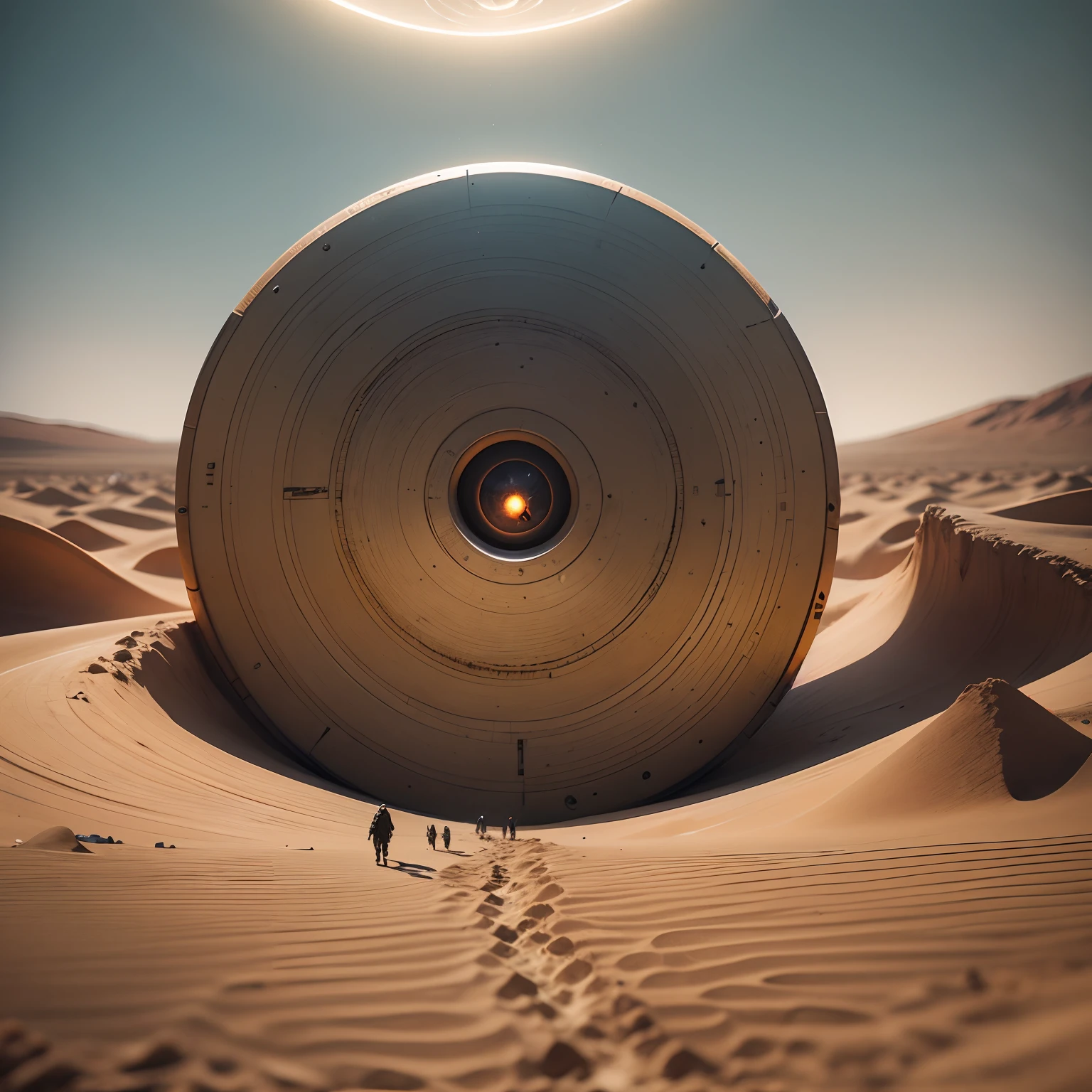 old color photo of a round metal disk with a diameter of 30 m buried in the sands of a spaceship of unearthly origin, several curious funny aliens are walking around, close-up, 8k --auto --s2